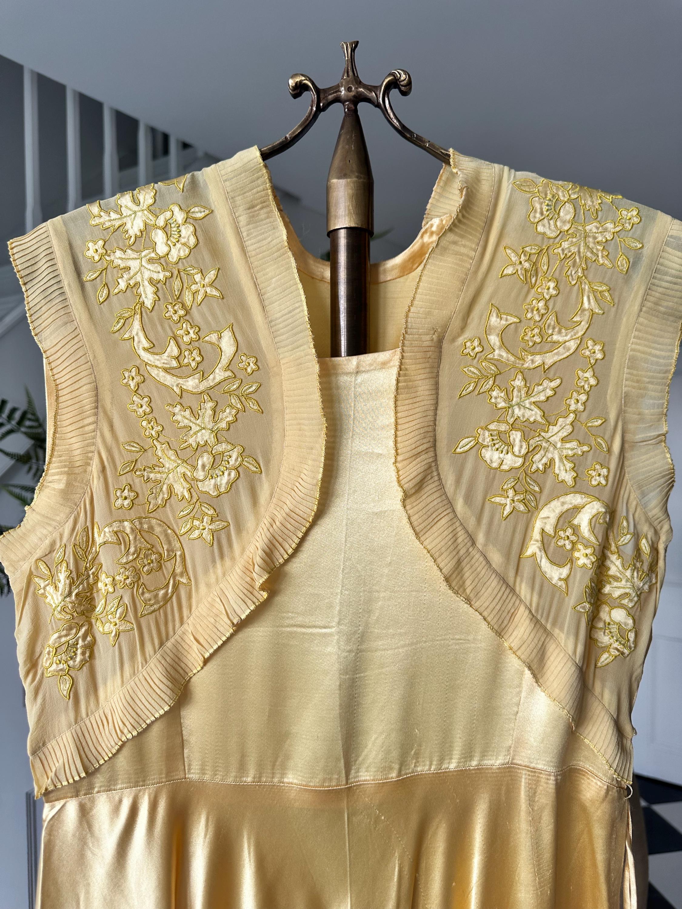 Vintage 1930s yellow Liquid Silk  Hand-Embroidered Charmeuse Bias Cut Gown slip dress