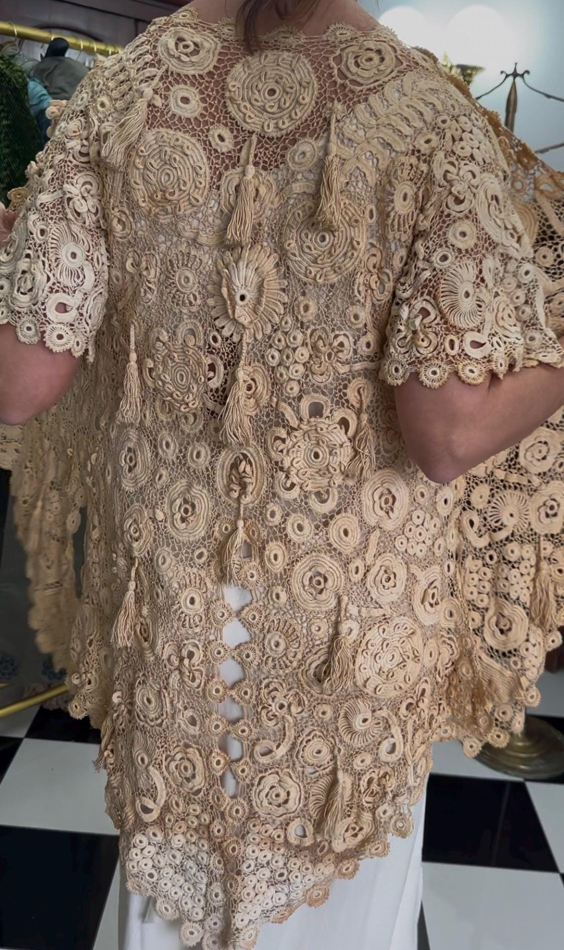 Vintage Irish Crochet Long Jacket Cardigan Intricate Handcrafted Beauty