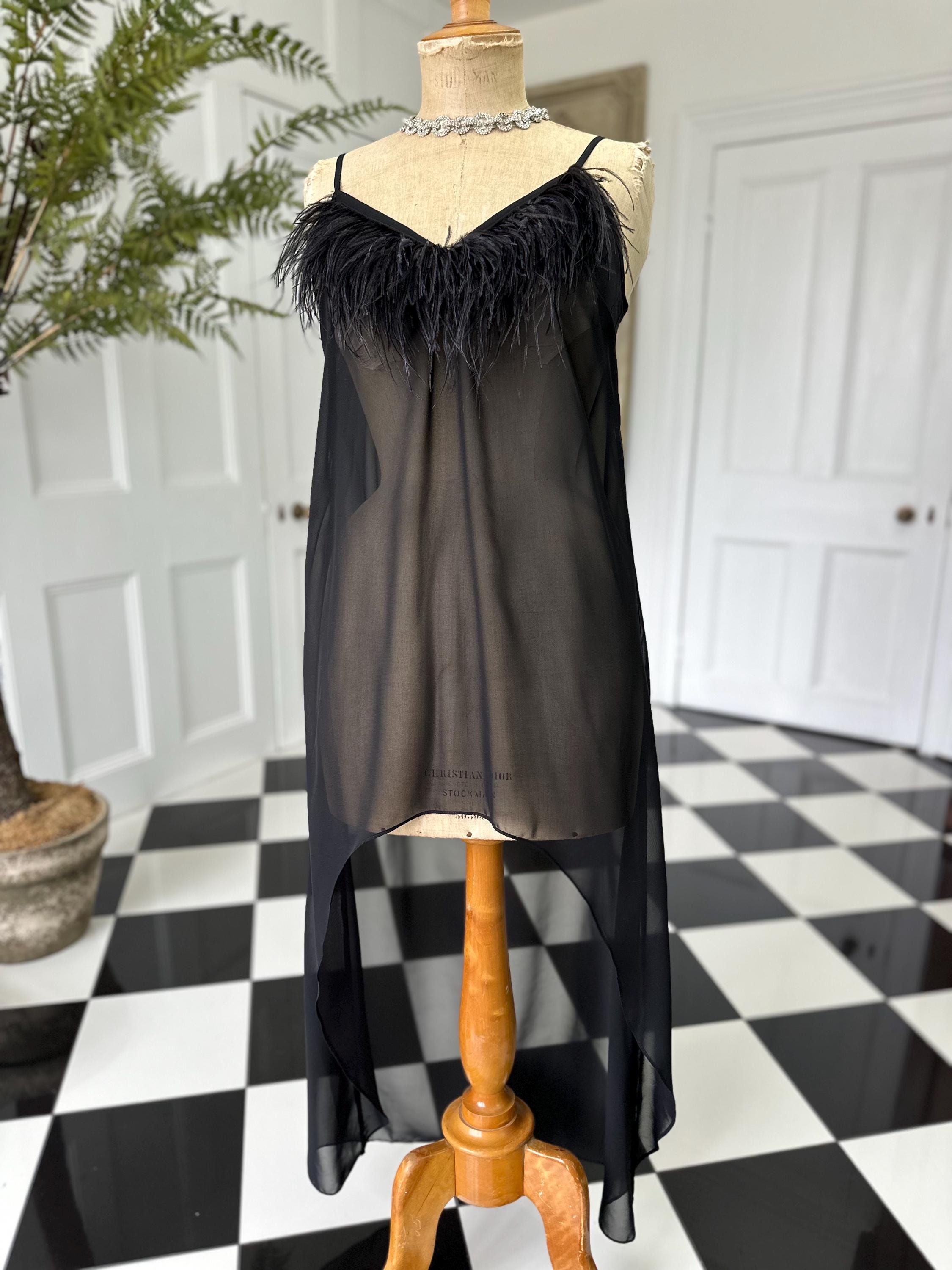 Vintage inspired black sheet chiffon high low slip dress with ostrich feather