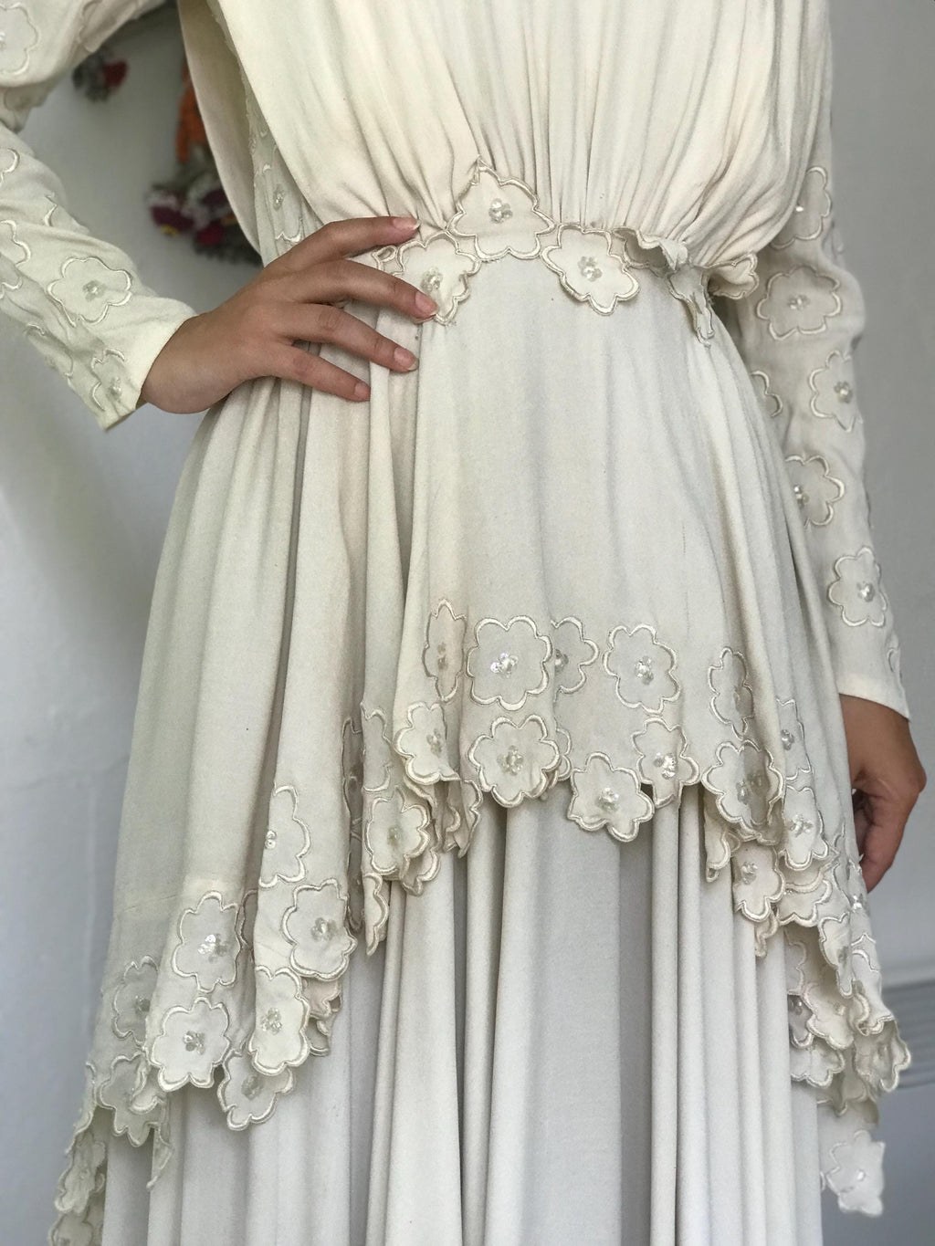 1940s Vintage Cream Georgette Wedding Dress with Floral Embroidery