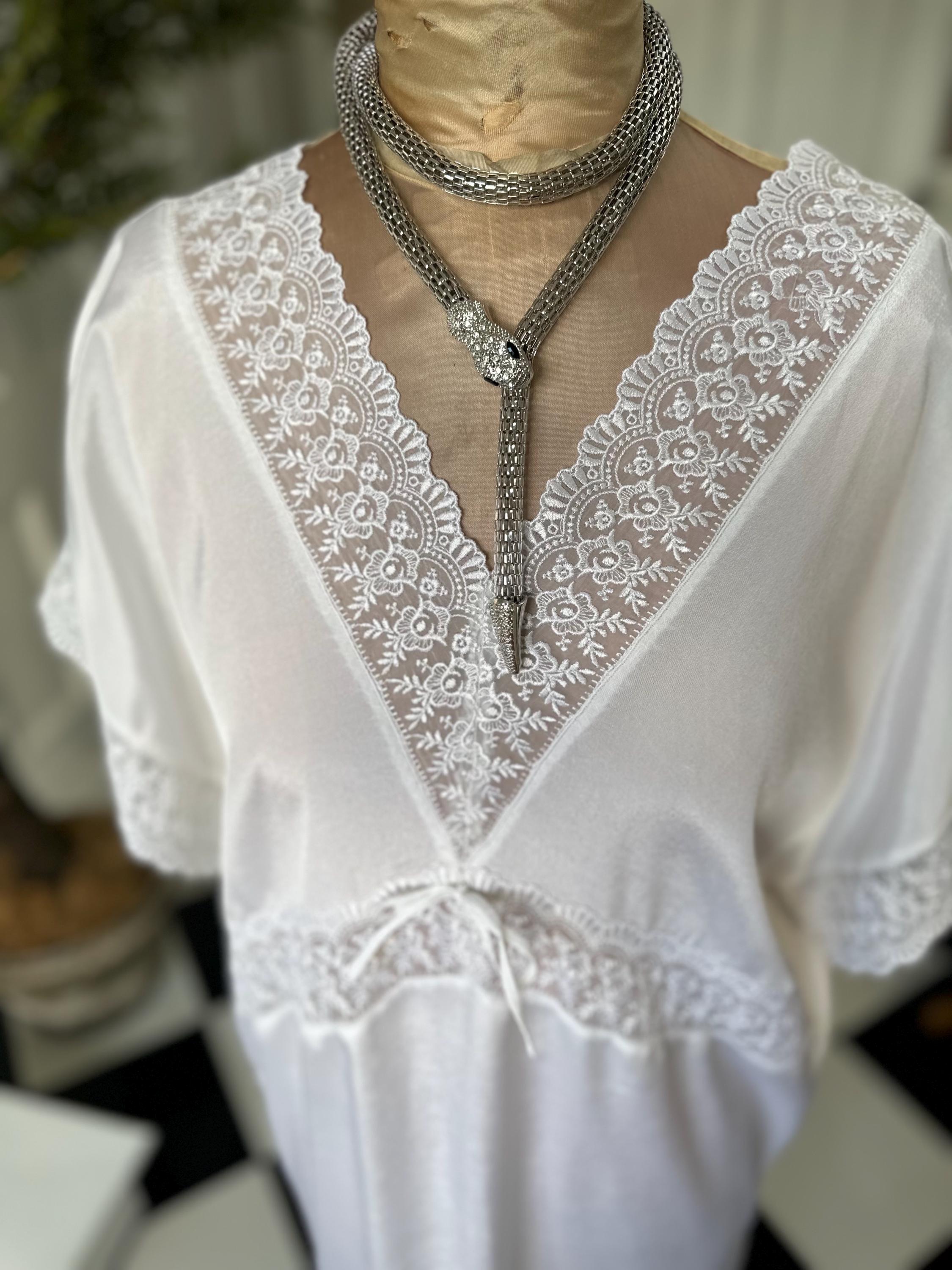 1970s silky white dress with lace trimming