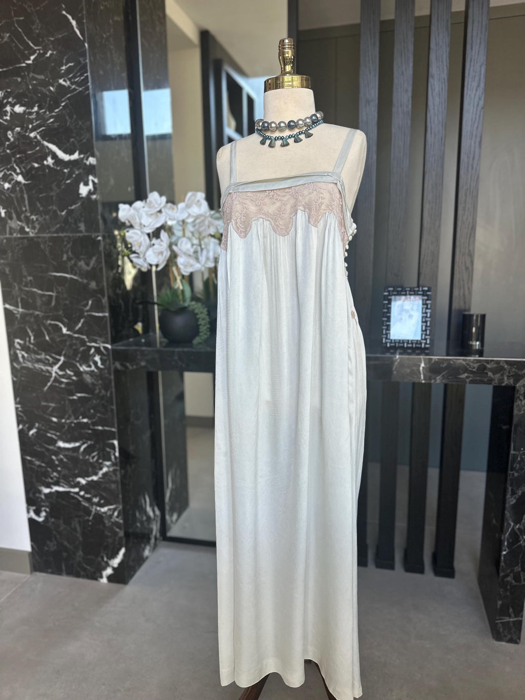 Vintage 1940s Grey Silk Slip Dress with lace Details