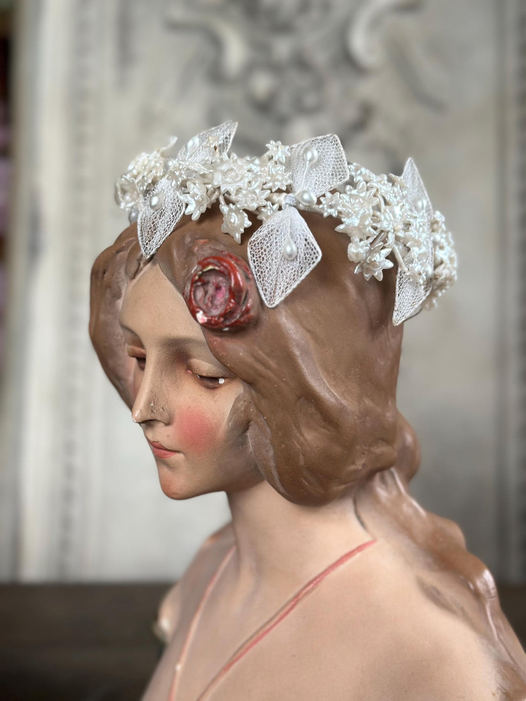 Antique 1940s  Floral Wax Tiara with tulle