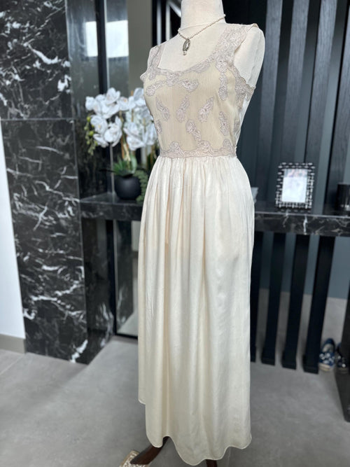 1930s Liquid Silk Maxi Gown: Antique Lace, Embroidery, Old Hollywood Style