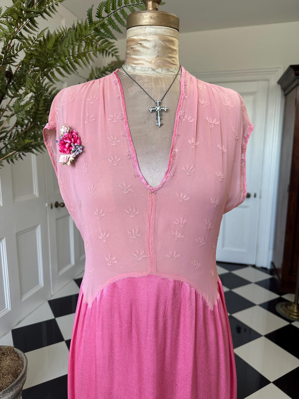 1940s silk satin and chiffon hot pink hand embroidered slip dress