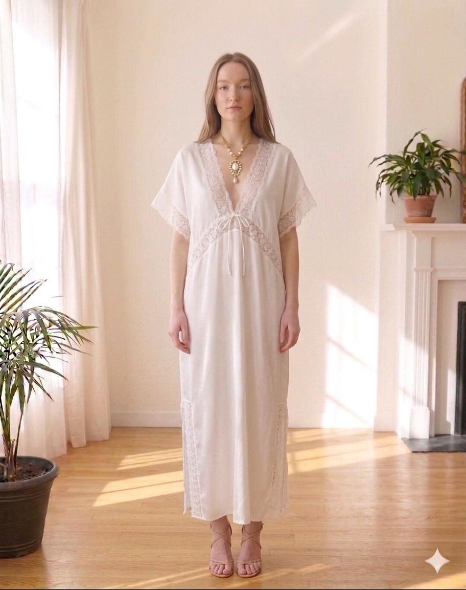 1970s silky white dress with lace trimming