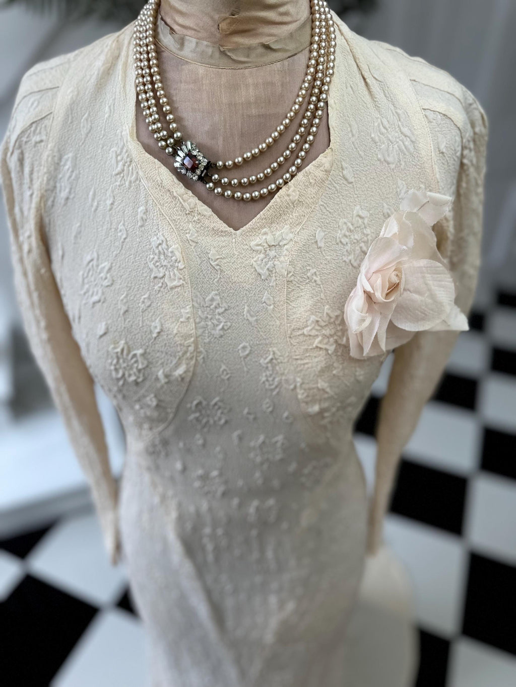 1930s Vintage bias cut wedding dress in peachy cream dress