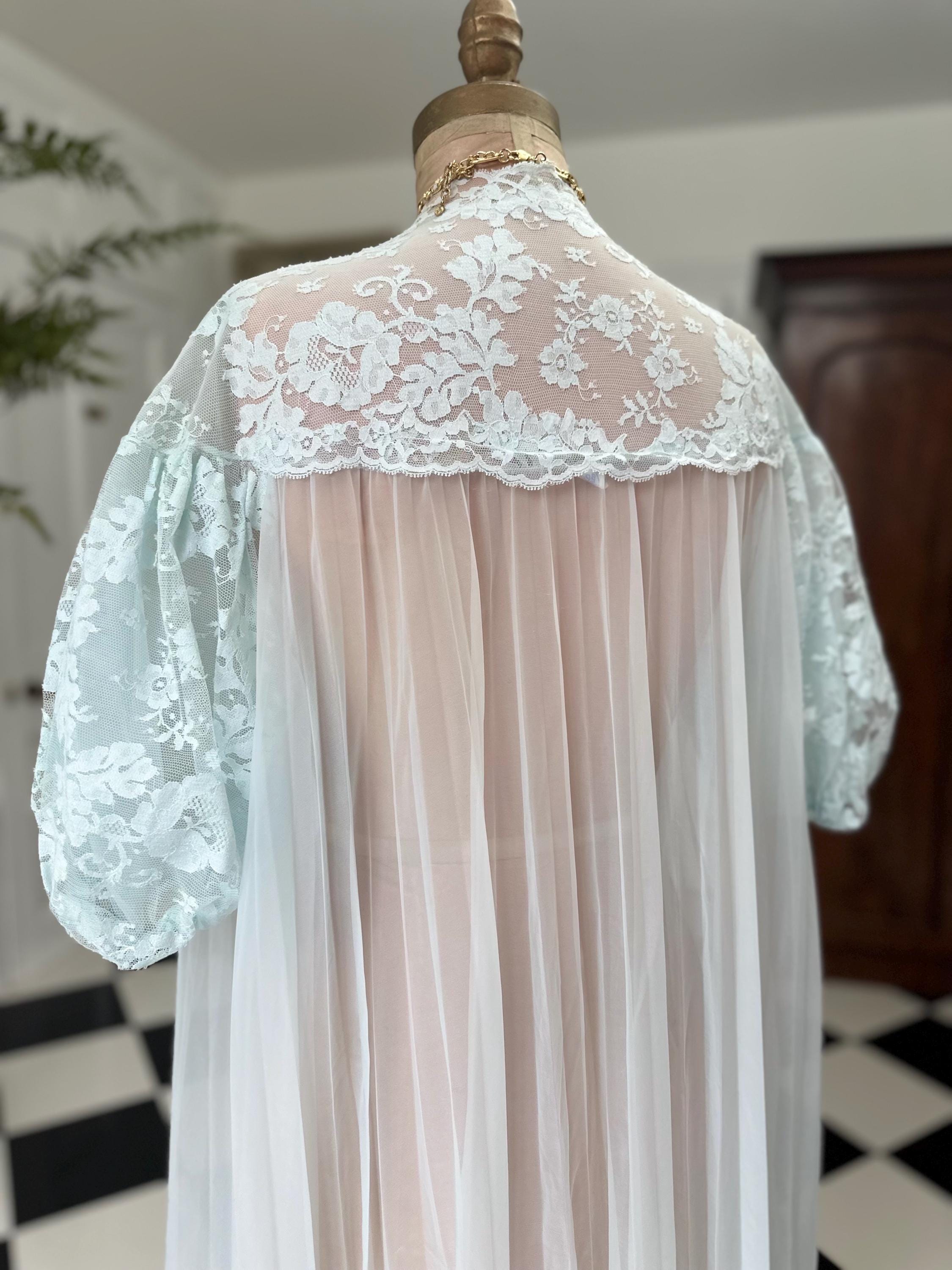 1970s Pale Blue Sheer Peignoir with Pleated Skirt and Lace Top