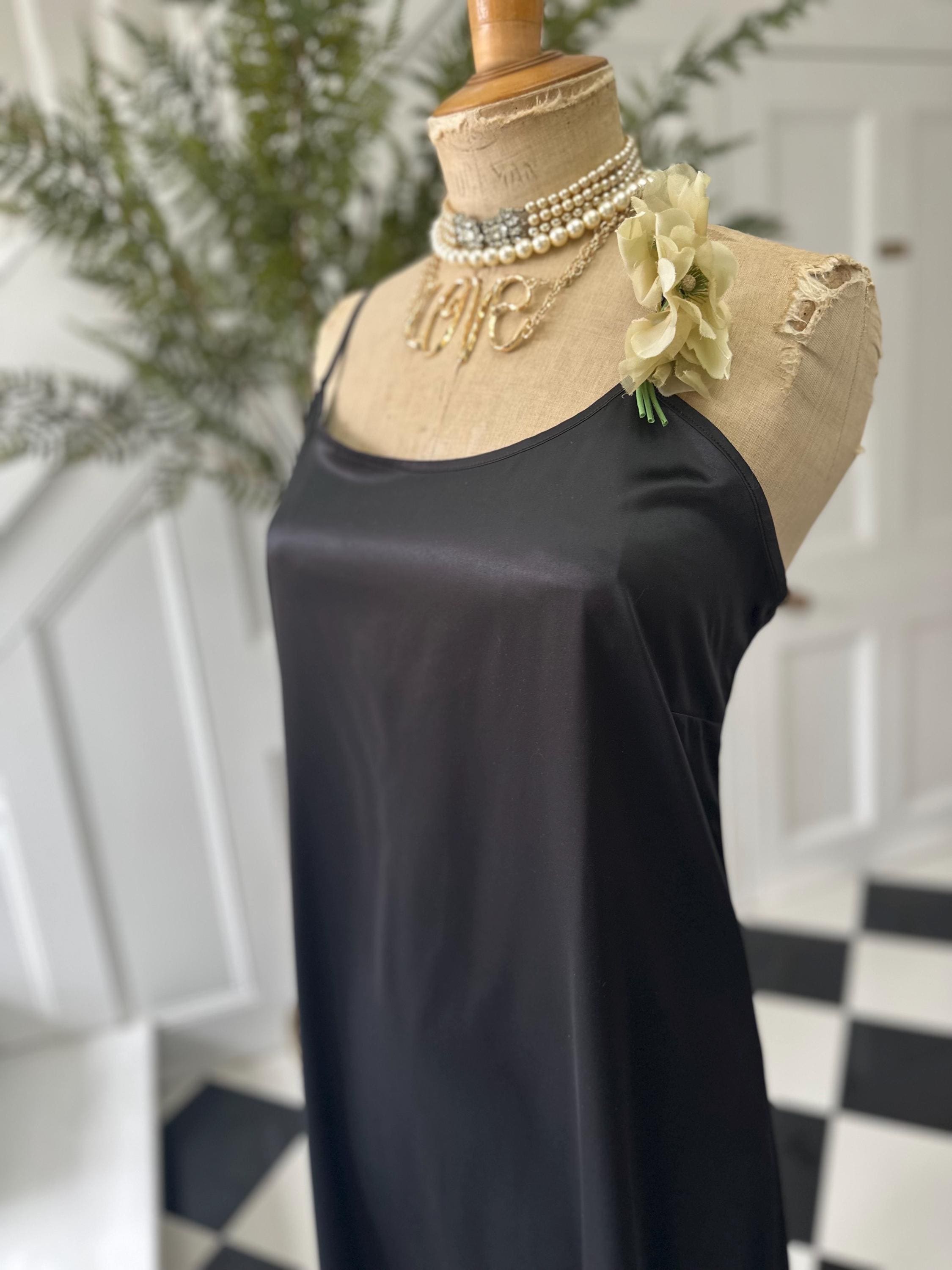 Vintage style long bias cut black slip dress.