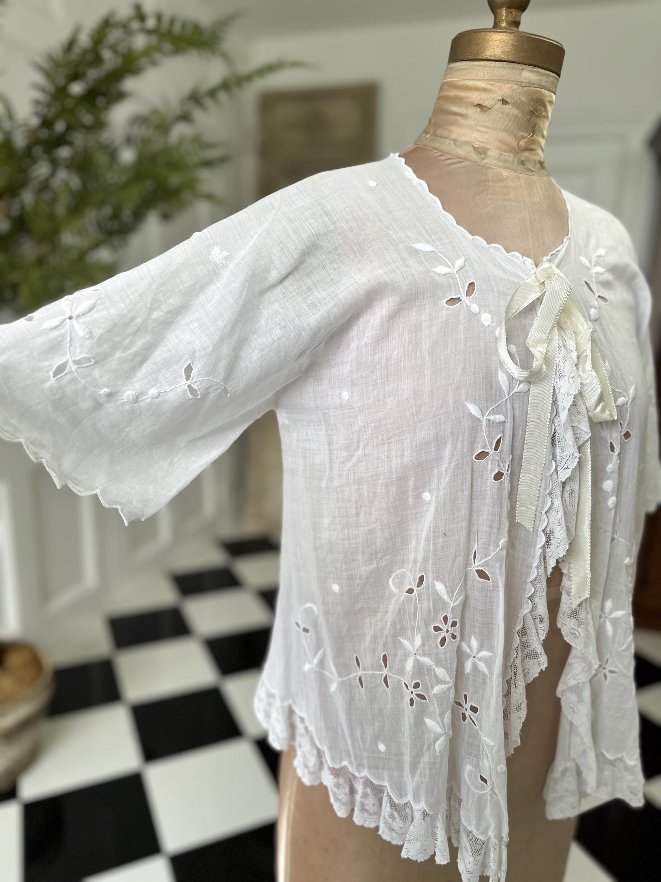 1900 Edwardian white muslin hand embroidered bed jacket