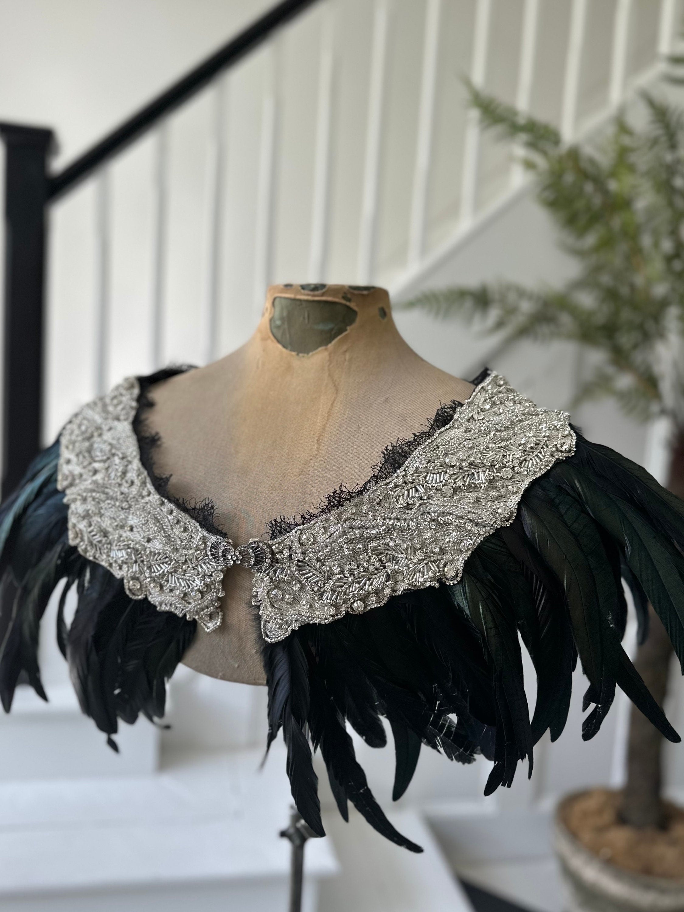 1920s 1930s vintage style feather cape with embellished and dark green cape shawl