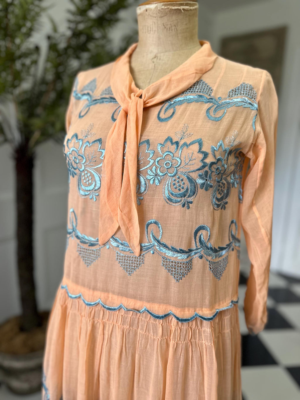 1920s day dress in Peach muslin with silk floss embroidery