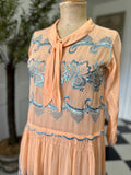 1920s day dress in Peach muslin with silk floss embroidery