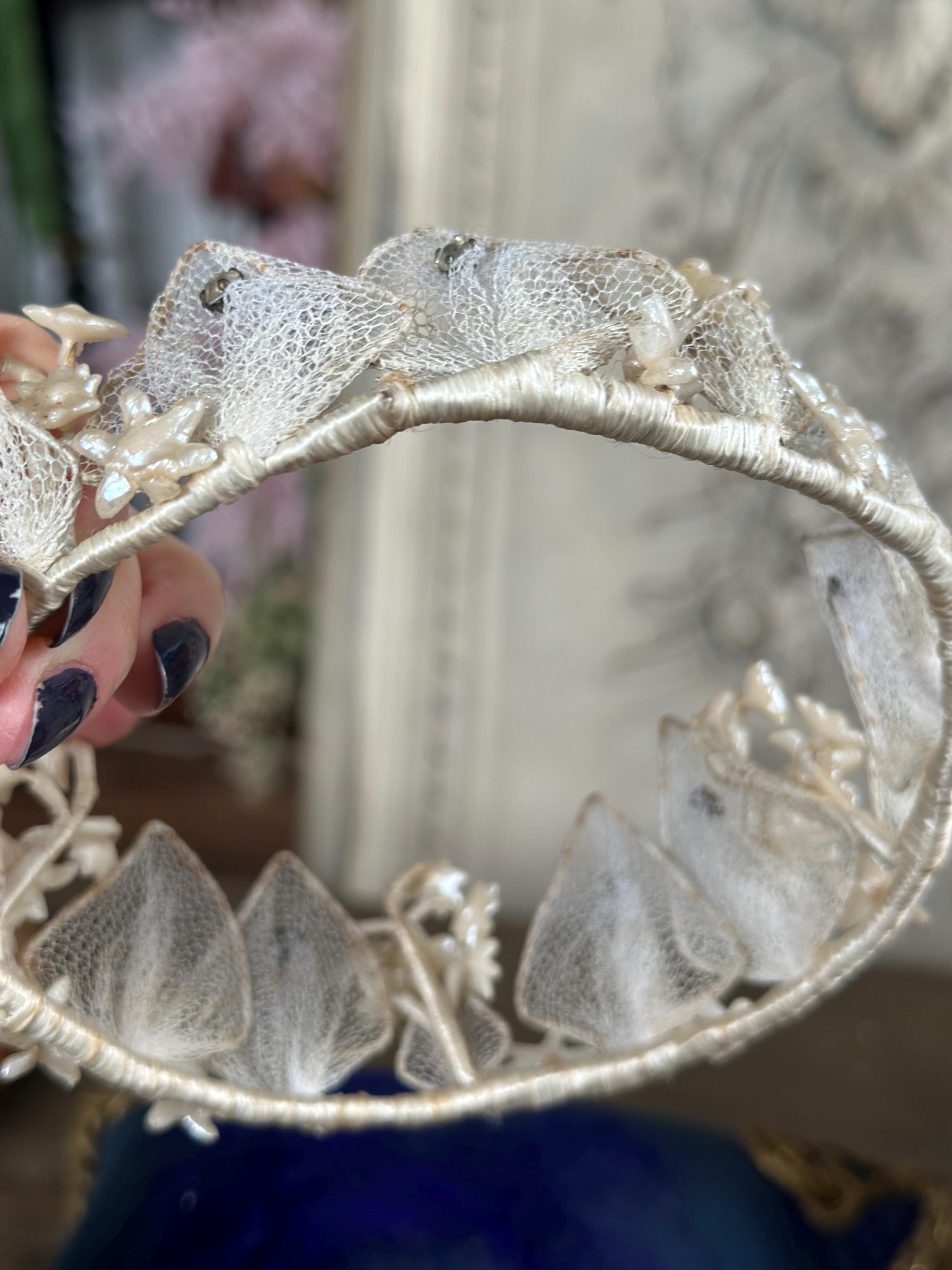 Antique 1940s  Floral Wax Tiara with tulle