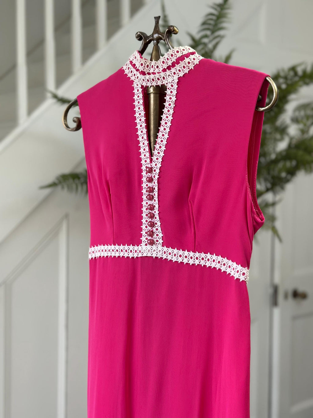 Vintage 1970s Sleeveless hot pink chiffon maxi dress with pearl buttons