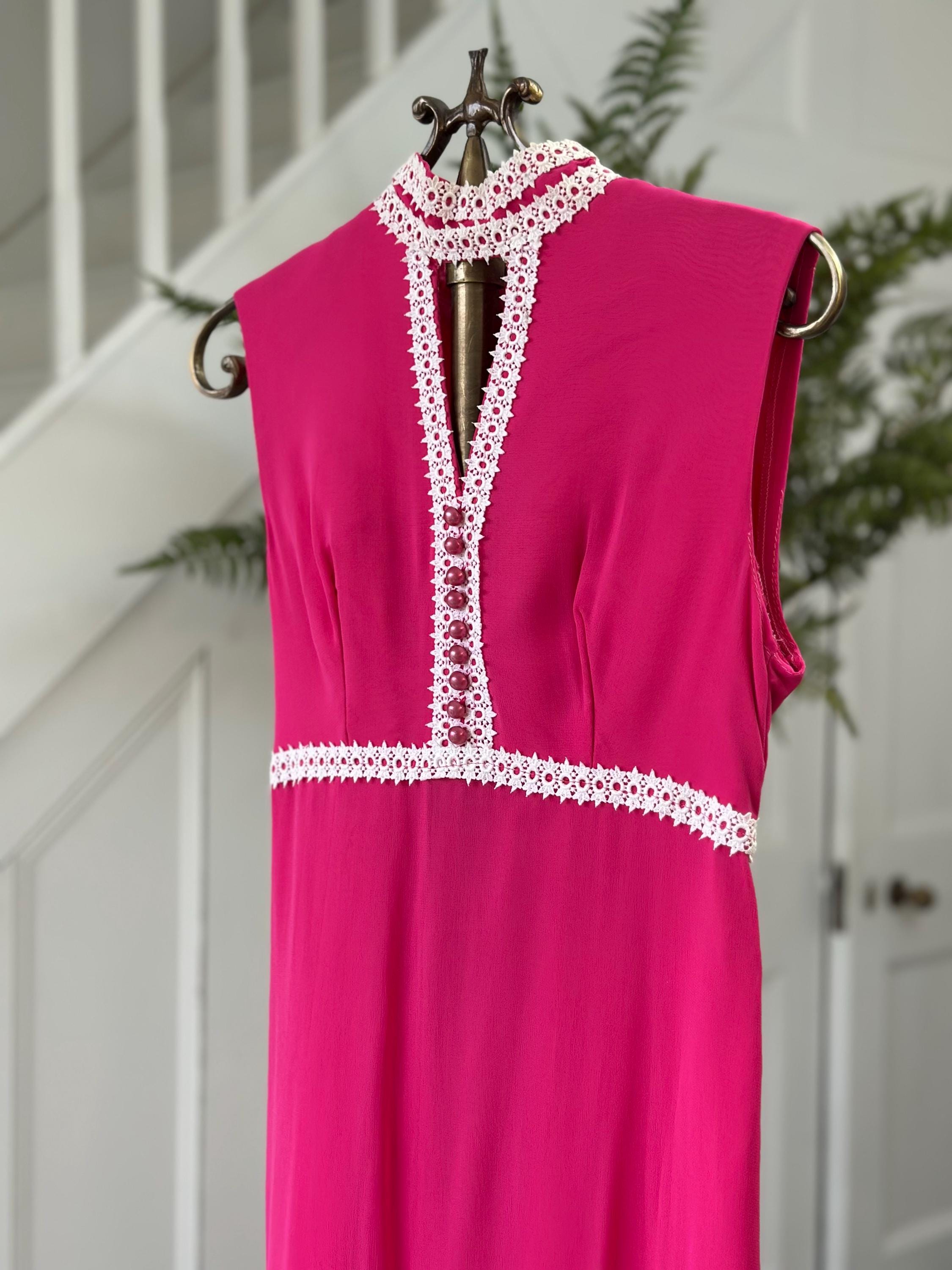 Vintage 1970s Sleeveless hot pink chiffon maxi dress with pearl buttons