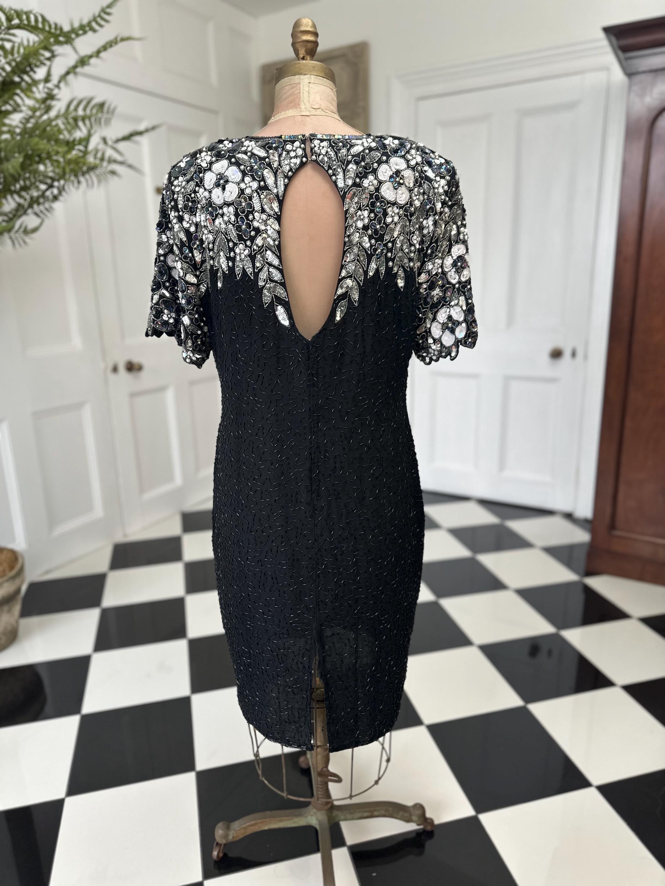 1980s black and silver beaded black tie party dress