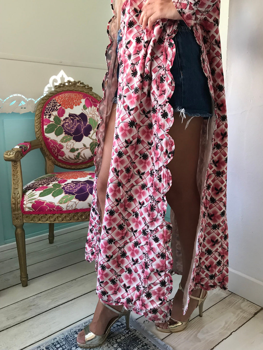 1920s Floral Cotton Kimono Robe: Turkish Style Long Coat