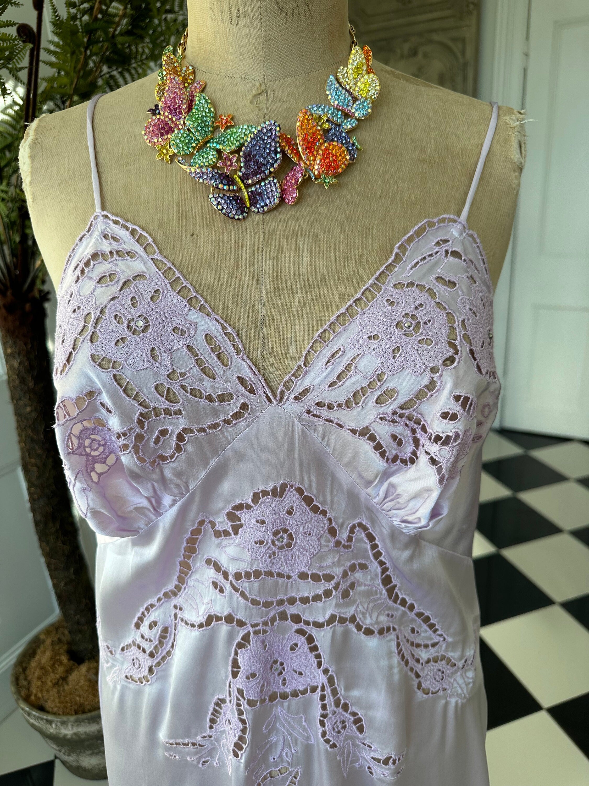 Vintage very sexy lilac cutout lace long slip