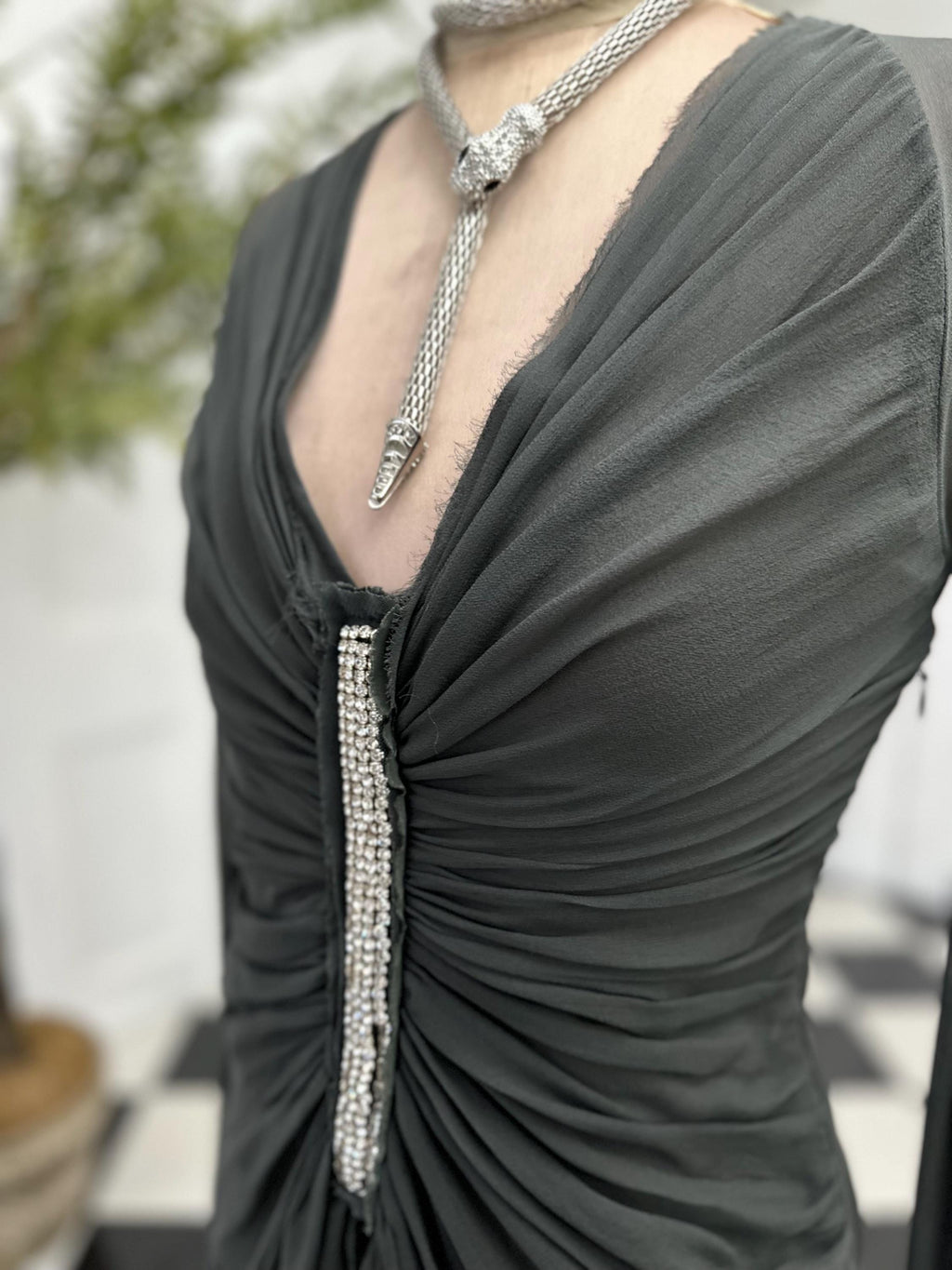 Vintage Dark Grey Silk Crepe Blouse Elegant Long Sleeve with Plunge Neckline
