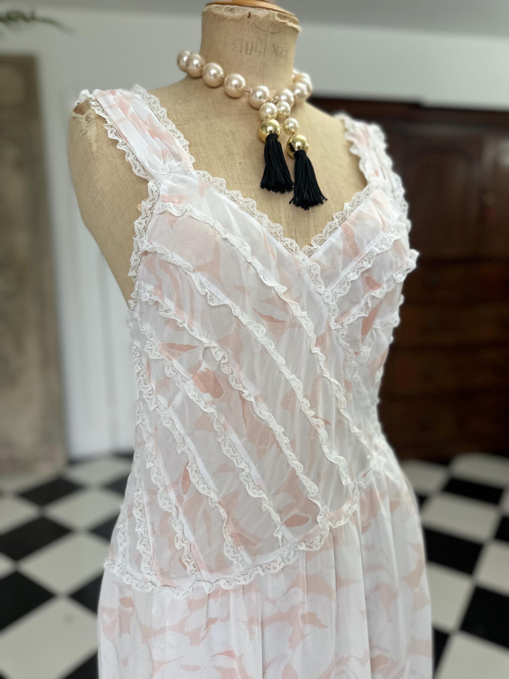 Vintage Chiffon Lightweight Slip Dress with Lace Ruffle Front – White and Peach Details