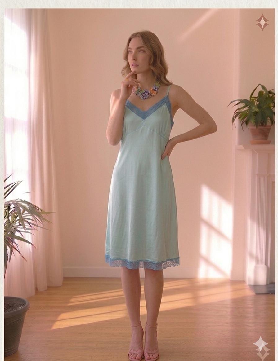 1940 Pale blue slip dress with lace details