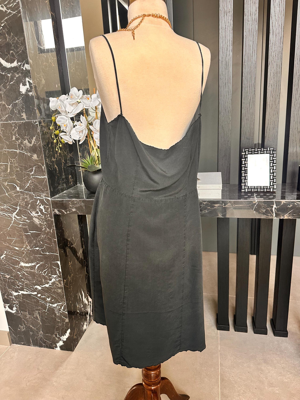 1940s Washed Black Silk Slip – Art Deco Waist, Embroidered Bust, Midi Length