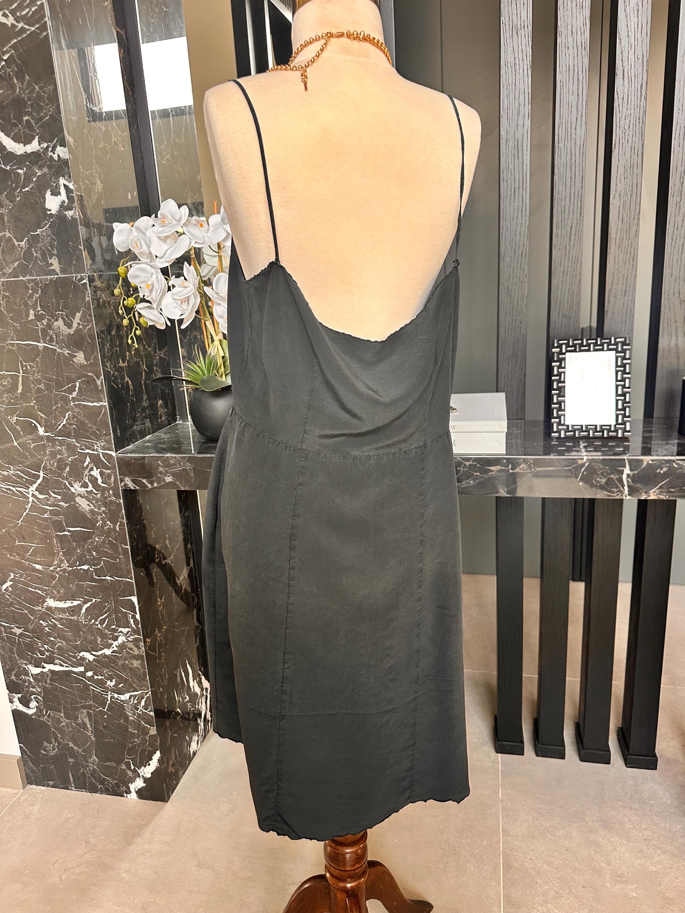 1940s Washed Black Silk Slip – Art Deco Waist, Embroidered Bust, Midi Length