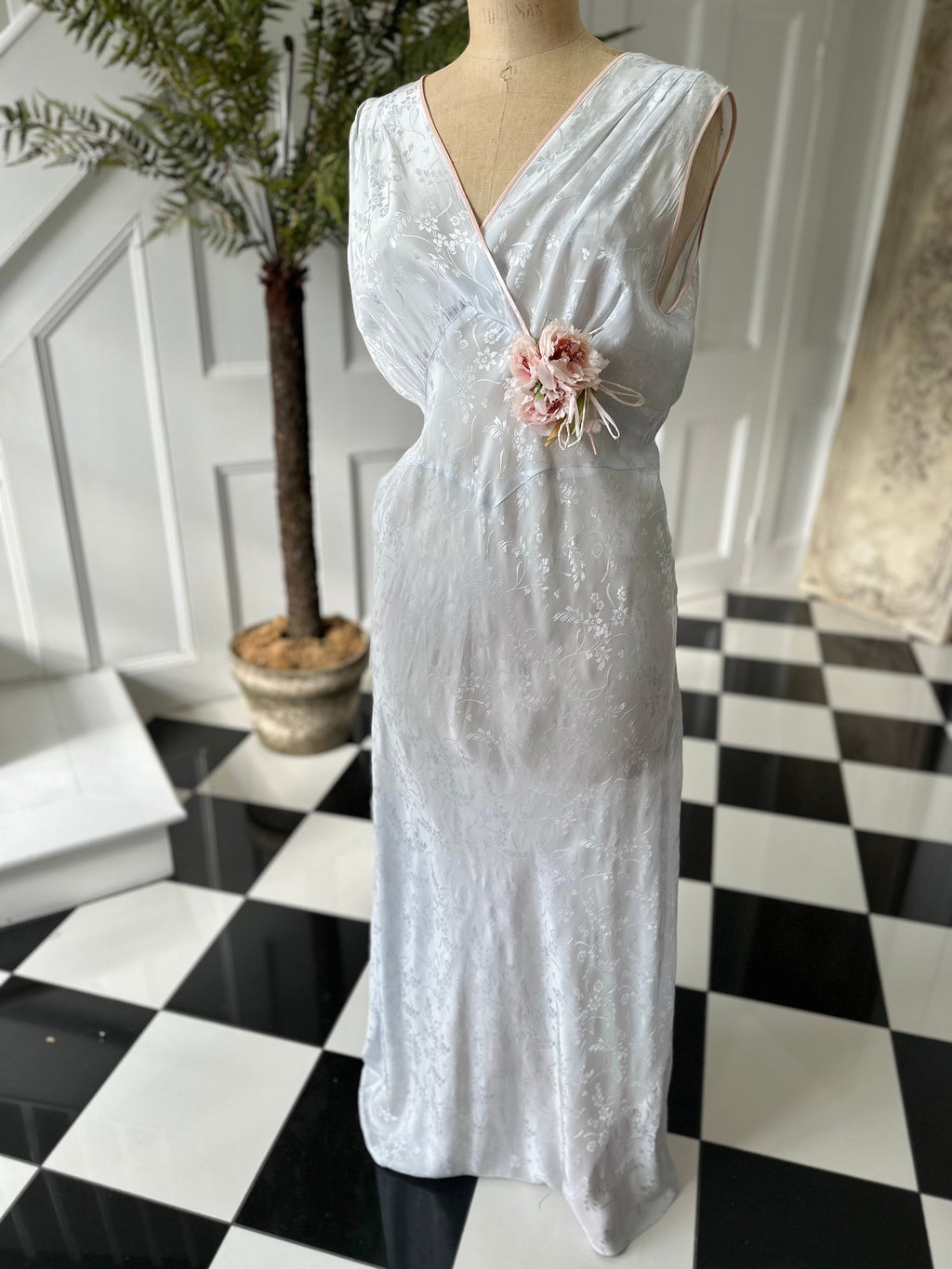 1930s Pale Blue Rayon Slip Dress - Lana Joyce Corsage Detail