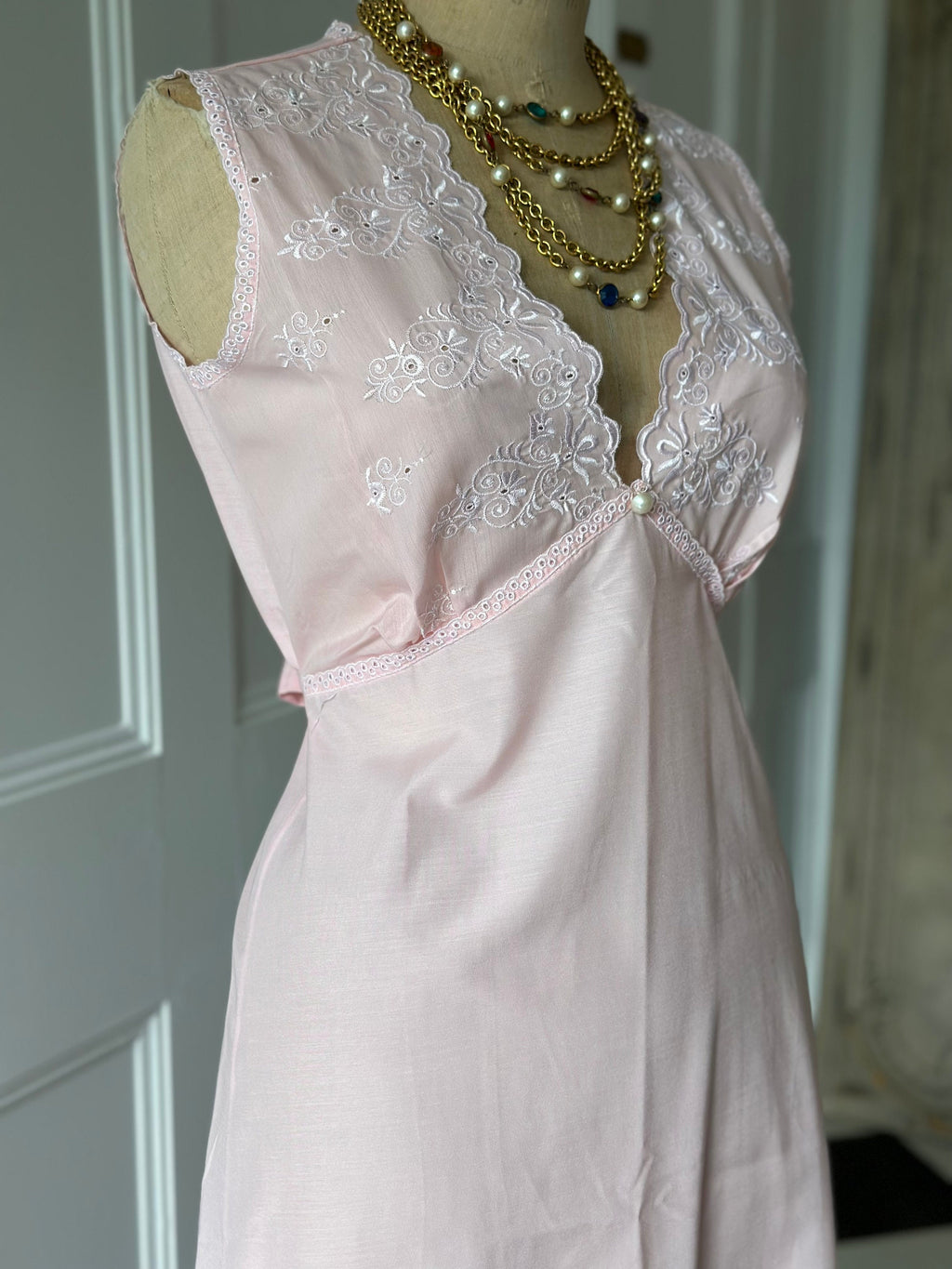 1970s baby pink long slip dress