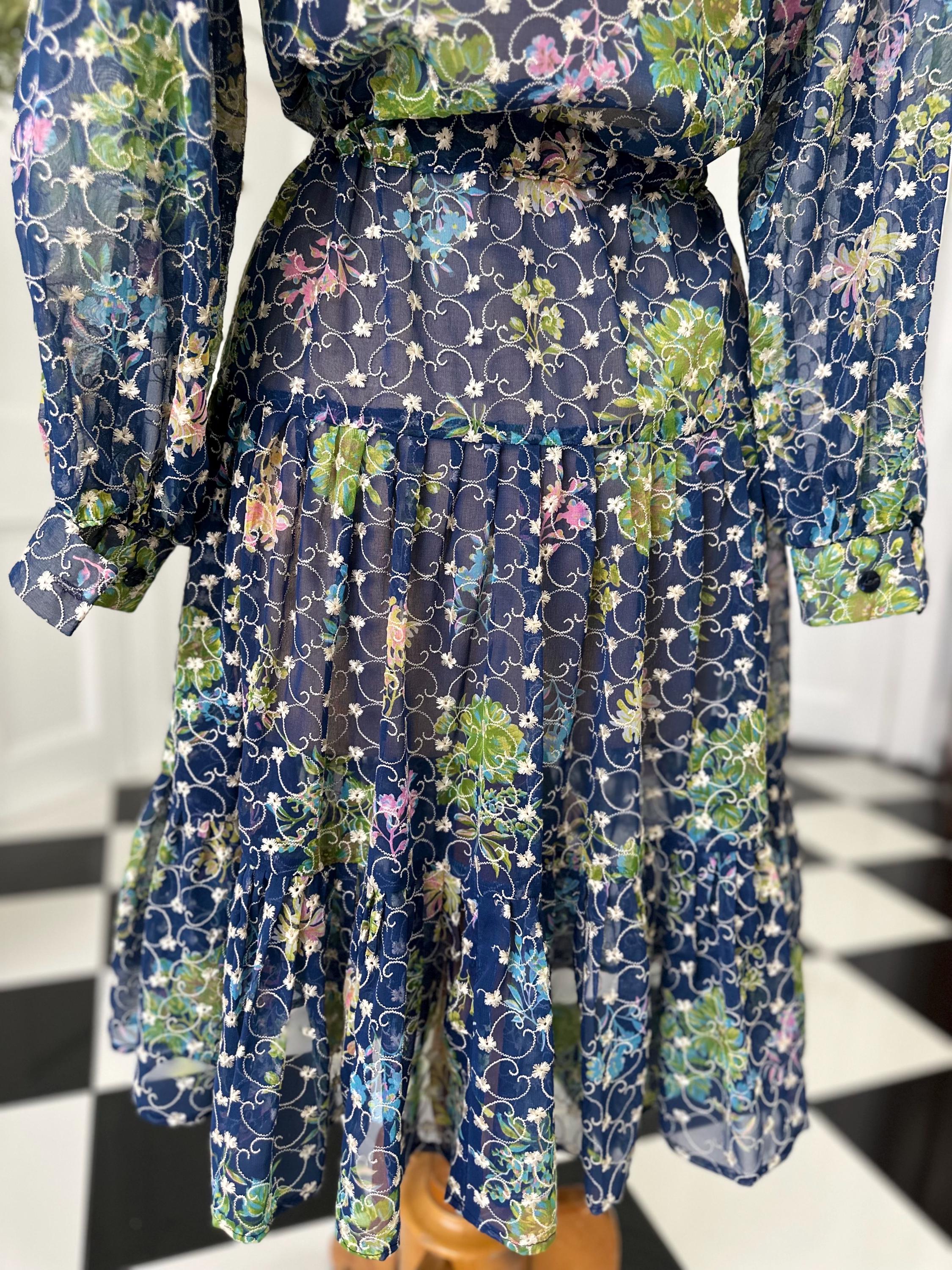 1970s Vintage Organdie Dress: Blue Green Floral Embroidered Long Sleeve