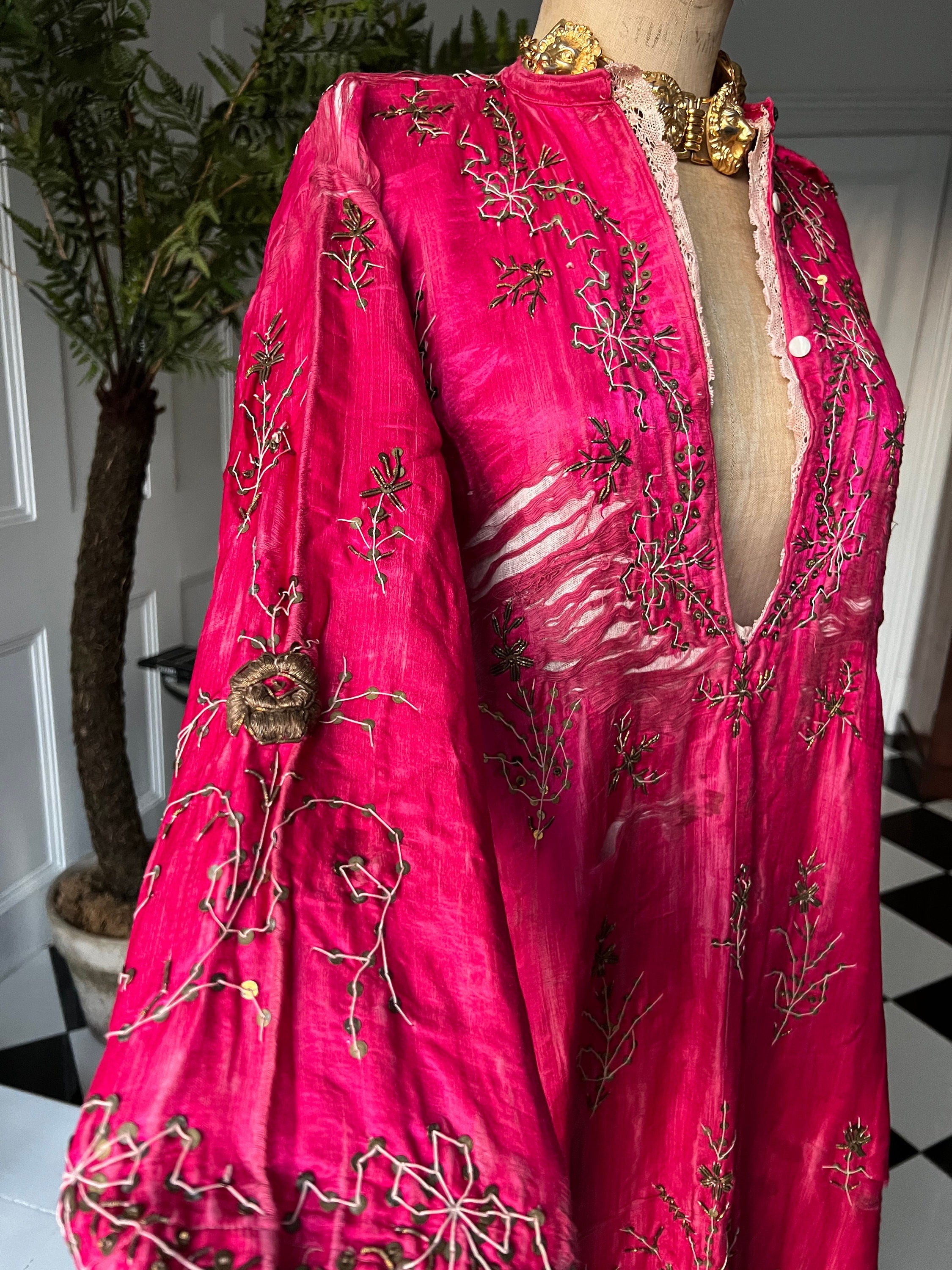Antique Ottoman Silk Bindalli Dress: Hot Pink Zardozi Embroidery