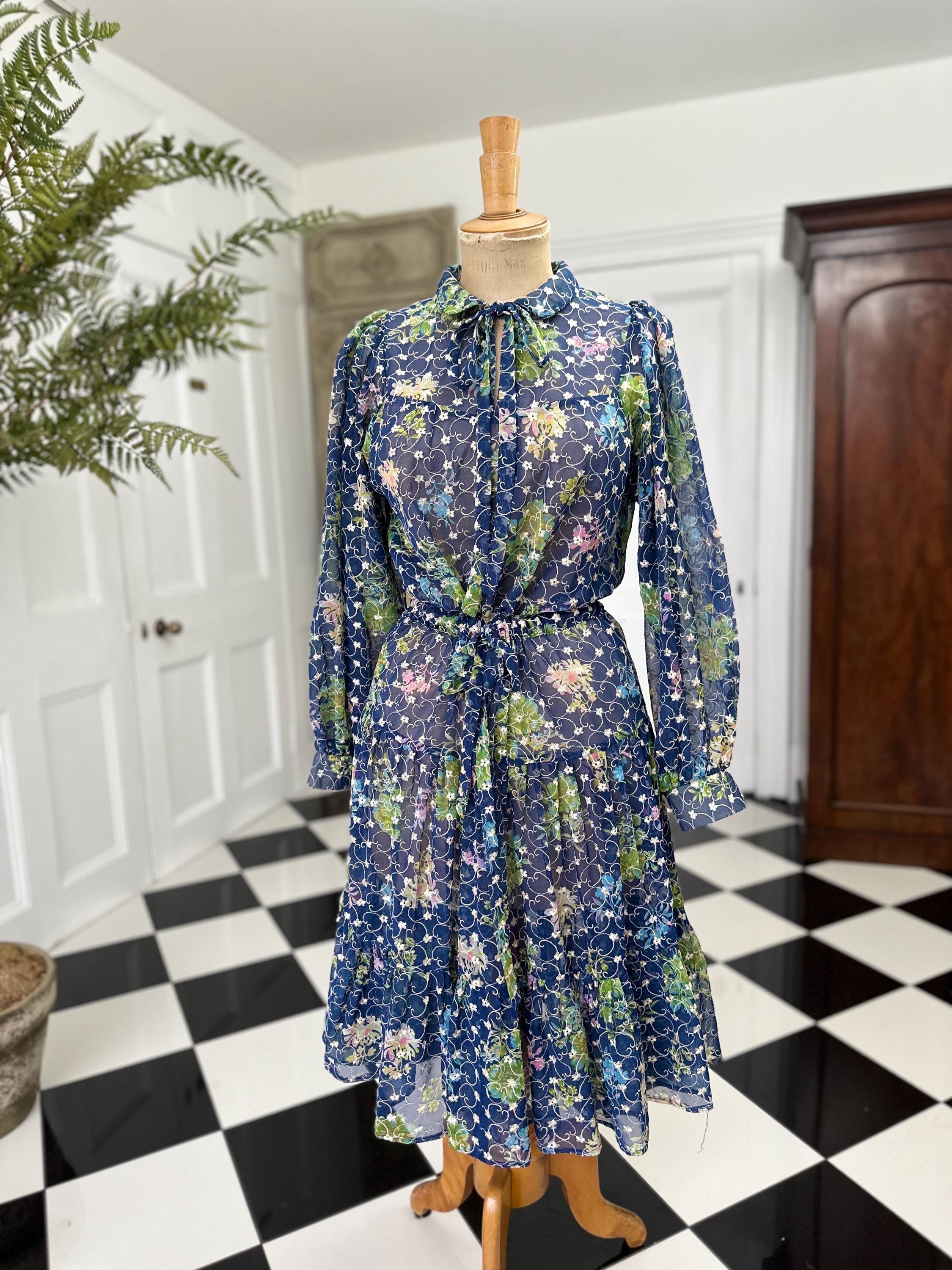 1970s Vintage Organdie Dress: Blue Green Floral Embroidered Long Sleeve