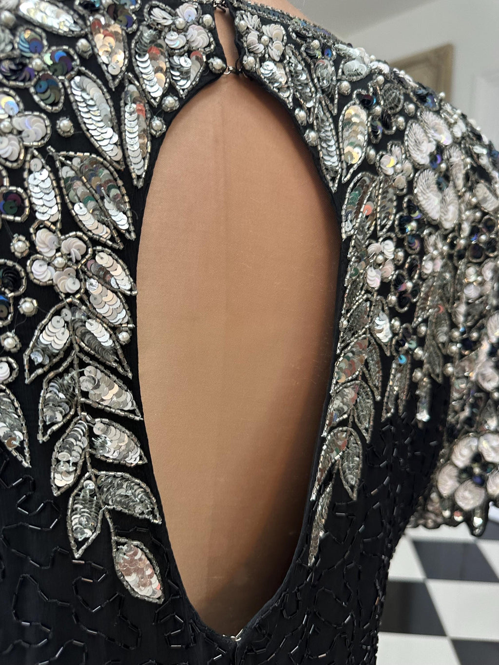1980s black and silver beaded black tie party dress