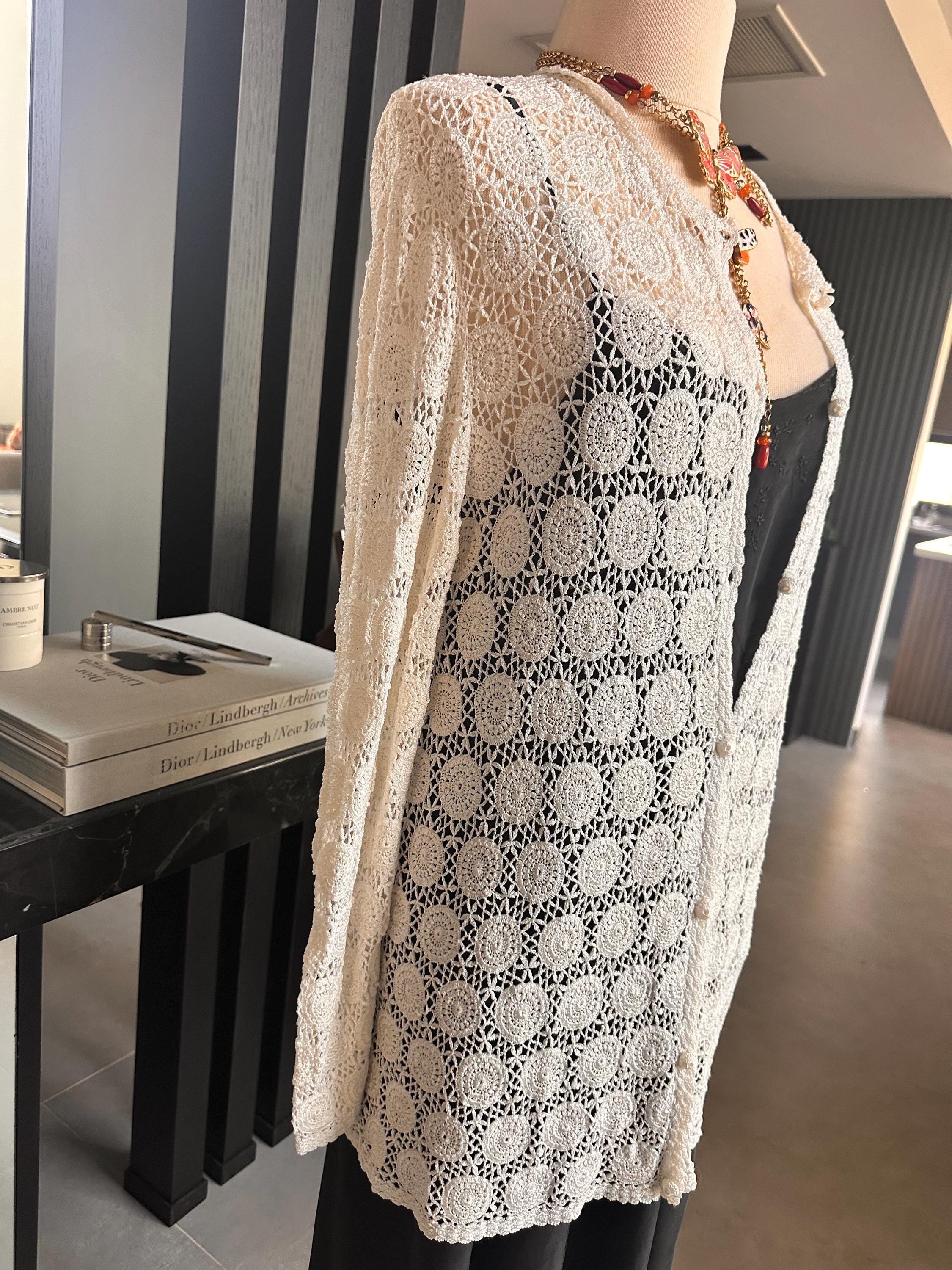 Hand Crocheted White Cardigan – Boho Medallion Lace Jacket, Cotton Blend Summer Knitwear