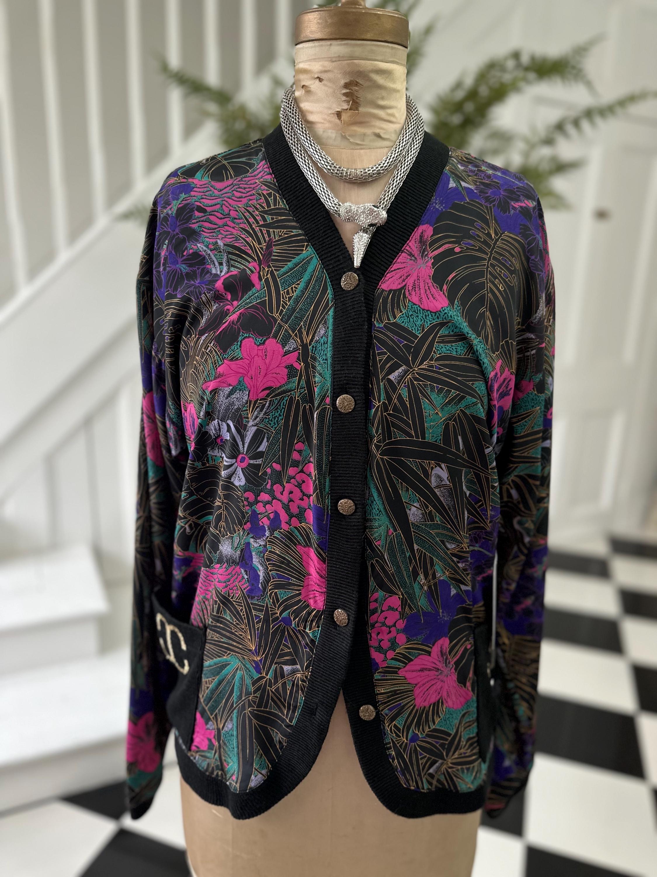 1980s Black Blouse Cardigan with Tropical Pattern