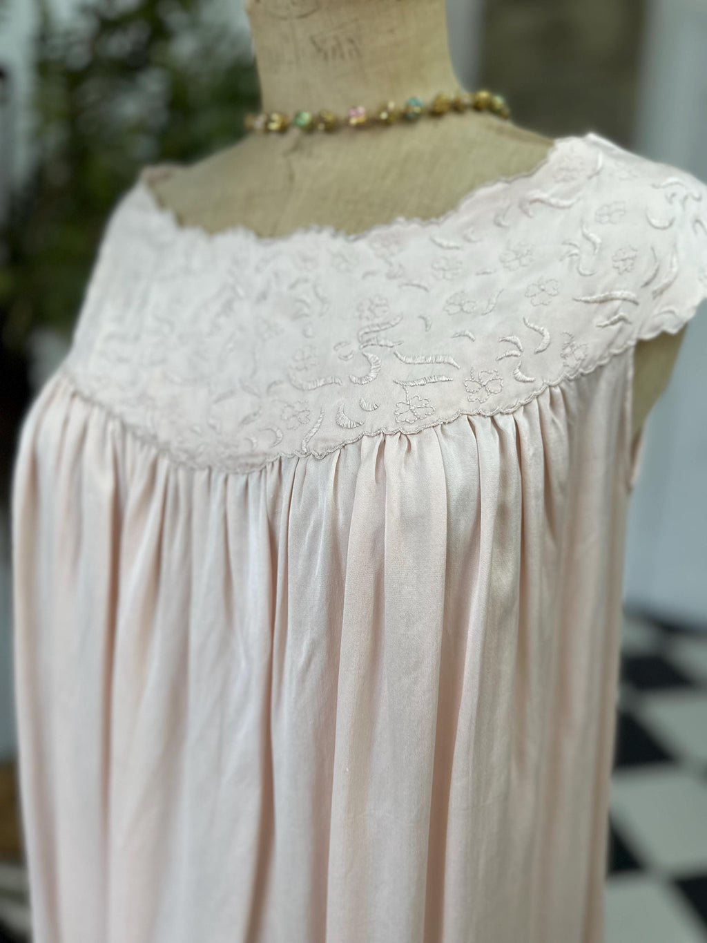 1940s pale lilac pink silk loose slip dress with boat neckline with  embroidery