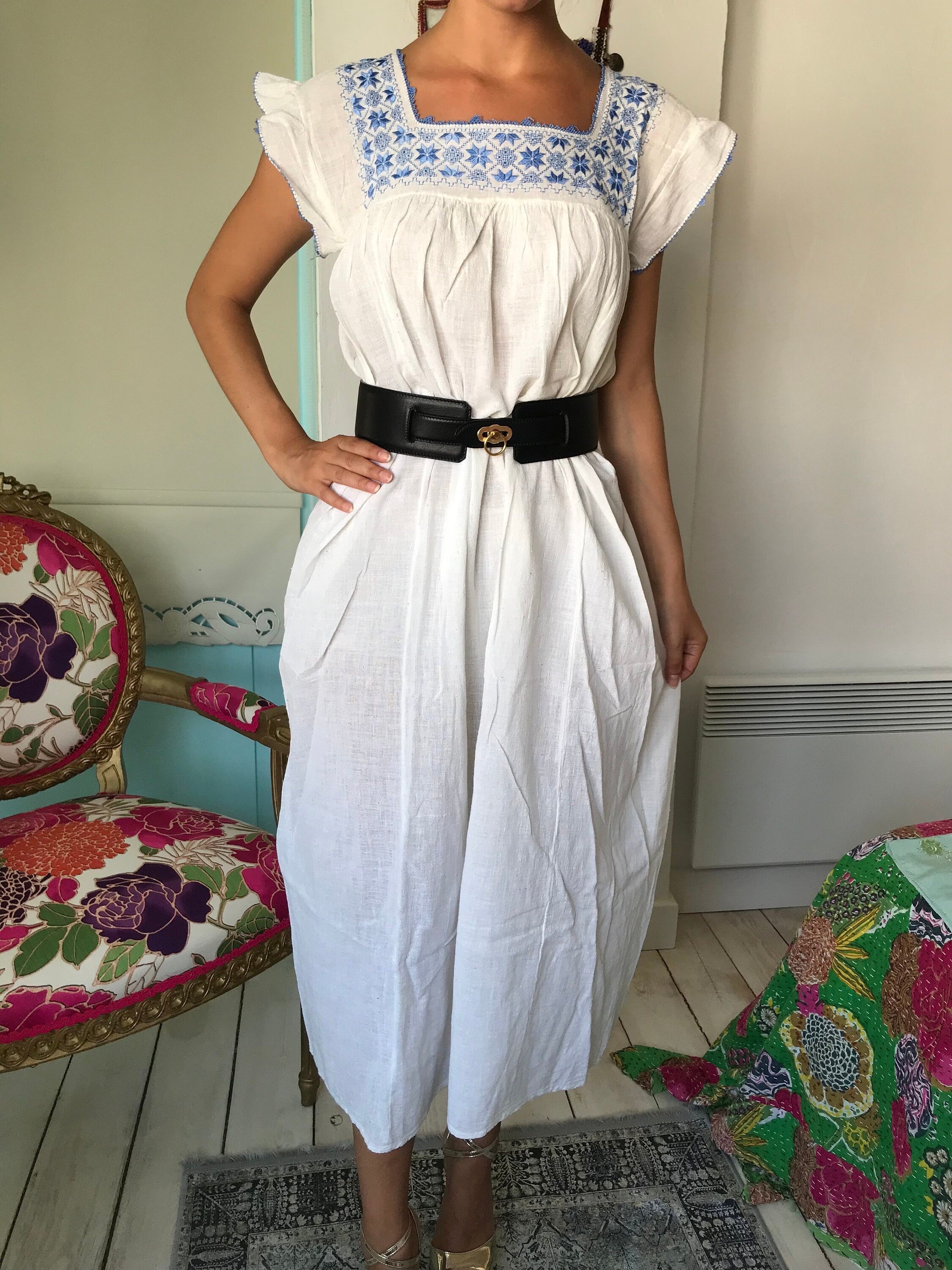 1970s hand loomed muslin dress with hand embroidered smock style
