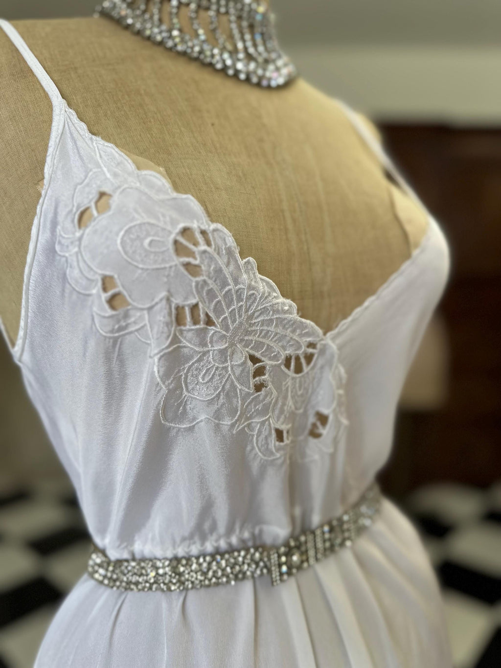 Vintage Long White Silk Slip with Lace Detailing
