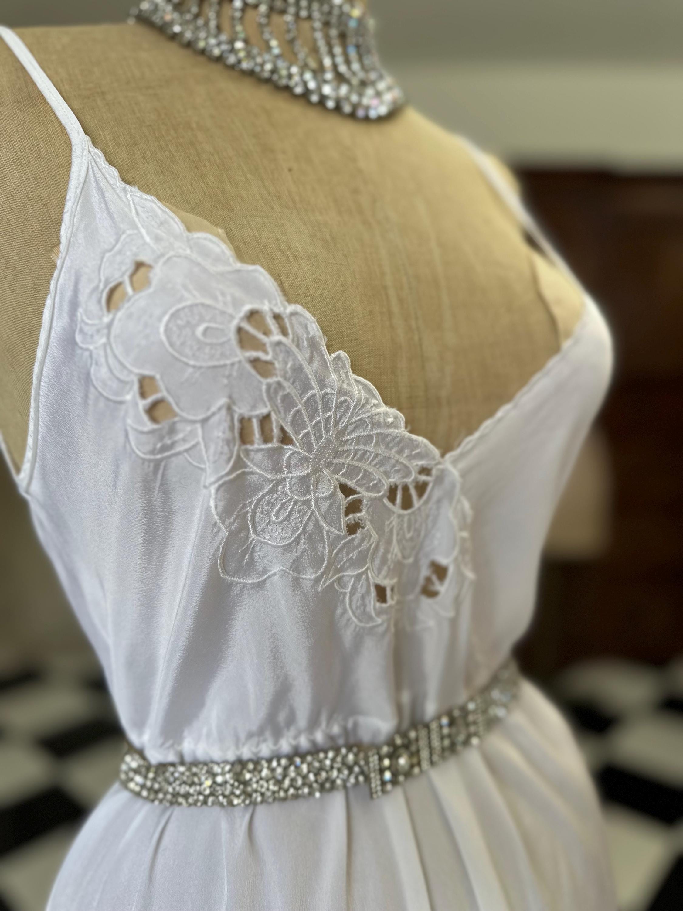 Vintage Long White Silk Slip with Lace Detailing