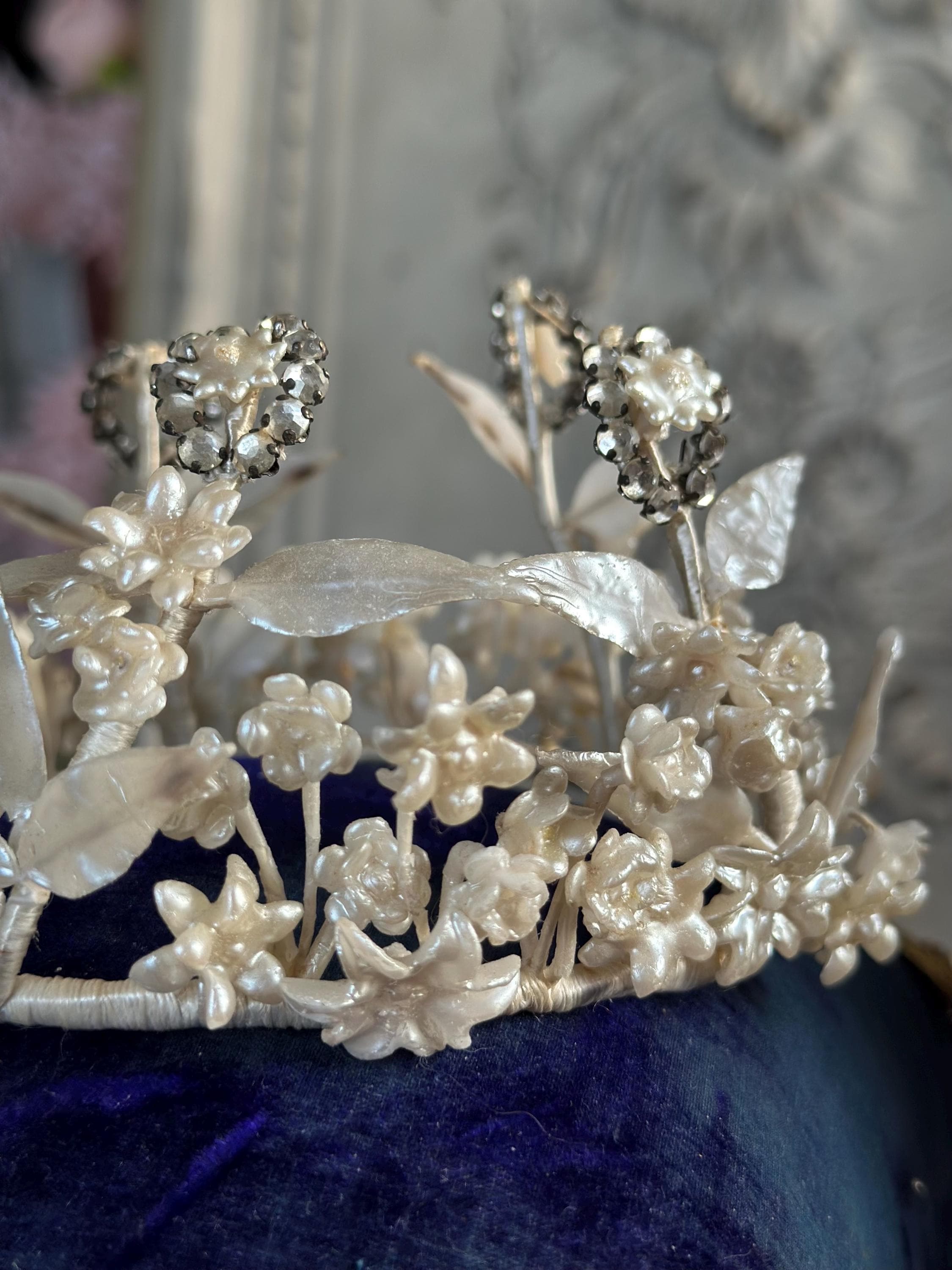 1910s 1920s Wax Elegant Handcrafted flowers and Crystals wedding Tiara