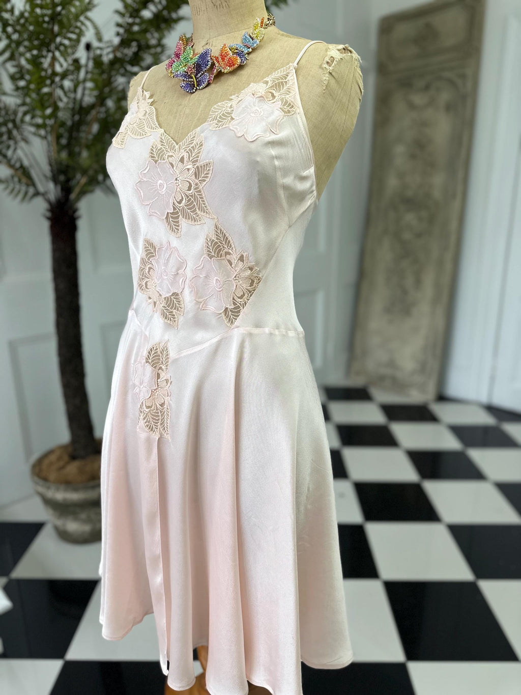 Vintage Pink Mini Silk Slip with Lace - Sexy Front Split with thin Straps