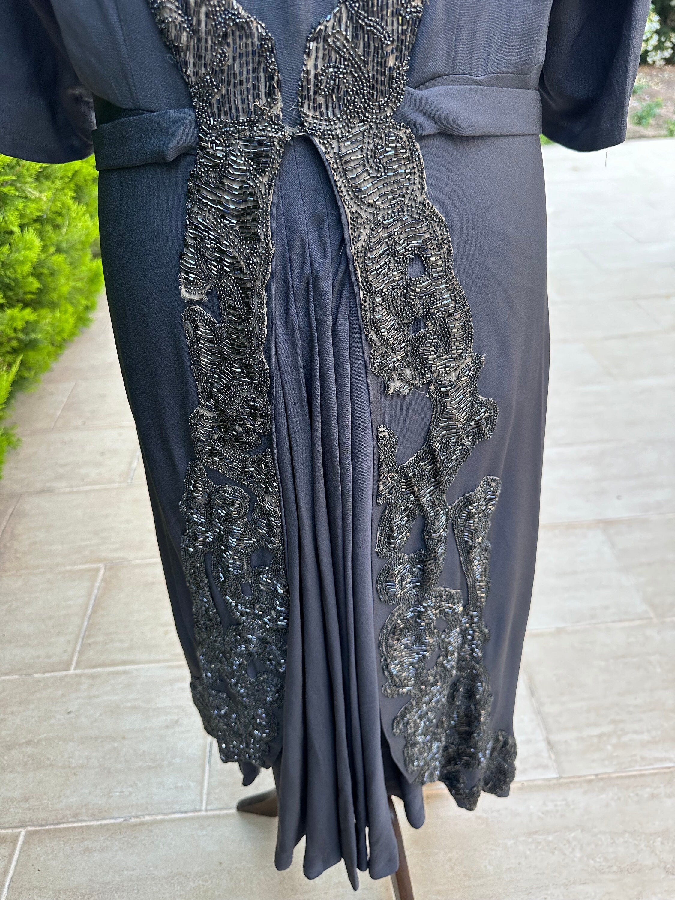 1940s Silk grey beaded cocktail dress party dress