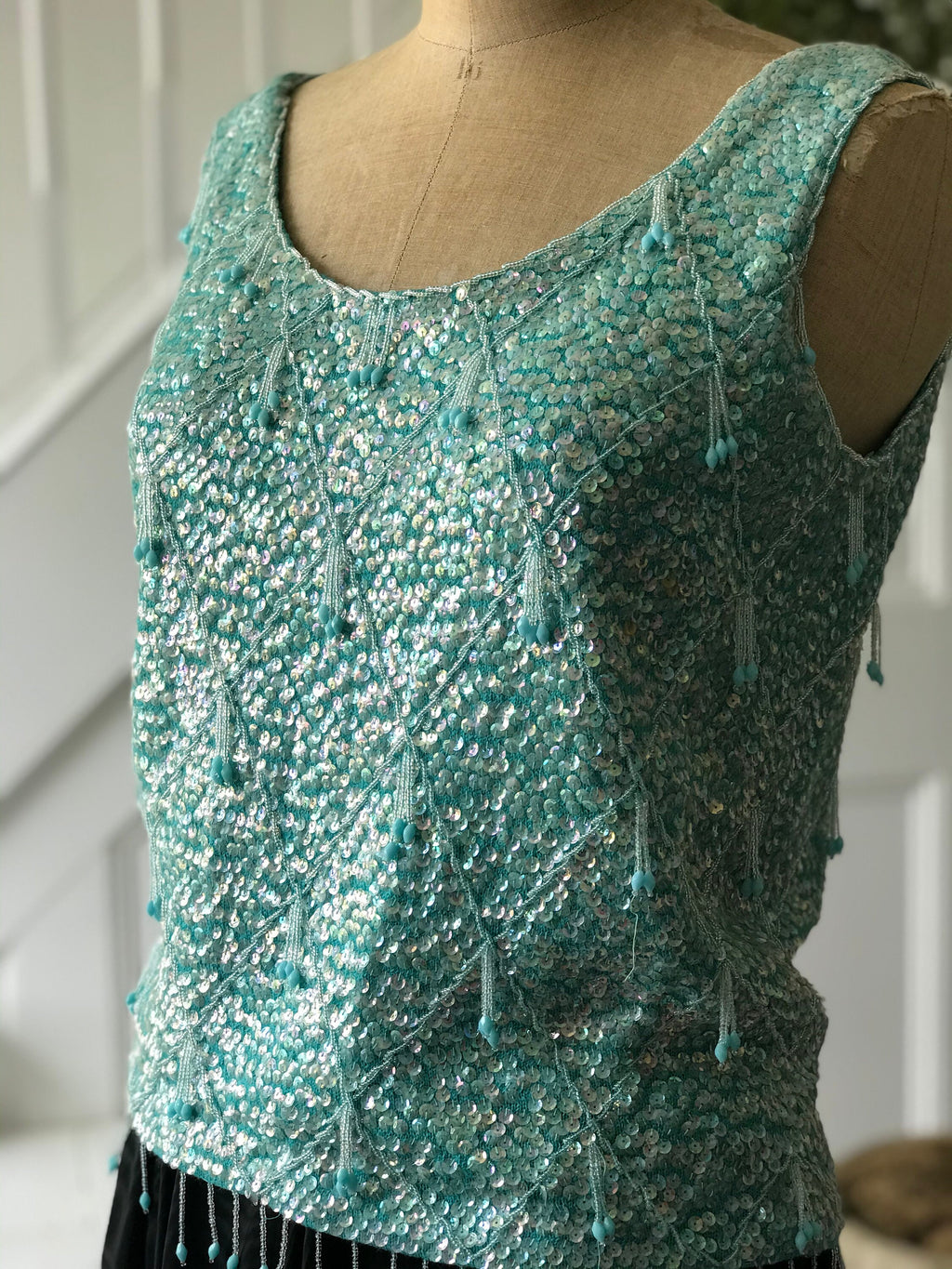 Vintage 1960s Turquoise beaded embellished wool top jumper blouse