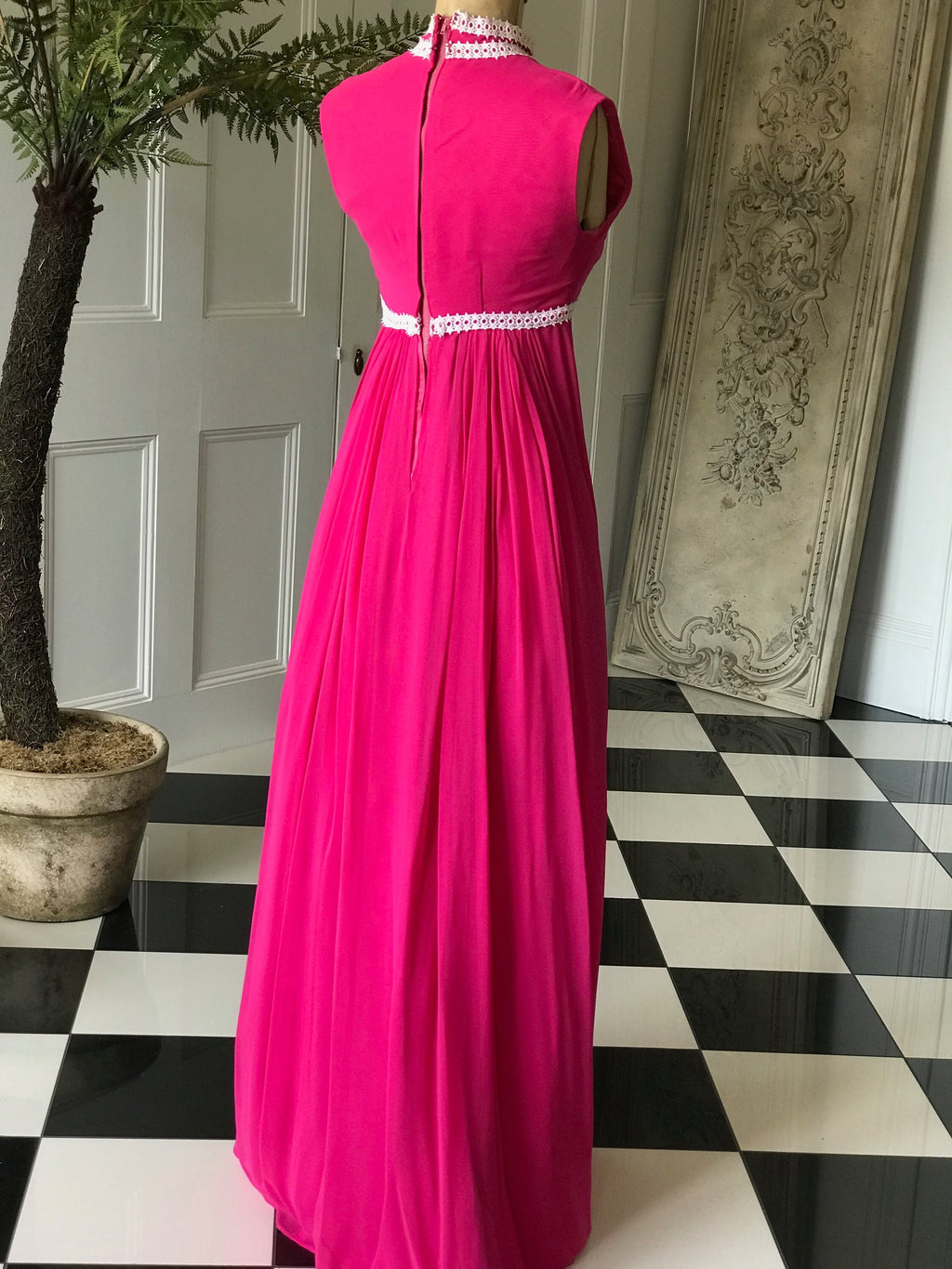 Vintage 1970s Sleeveless hot pink chiffon maxi dress with pearl buttons