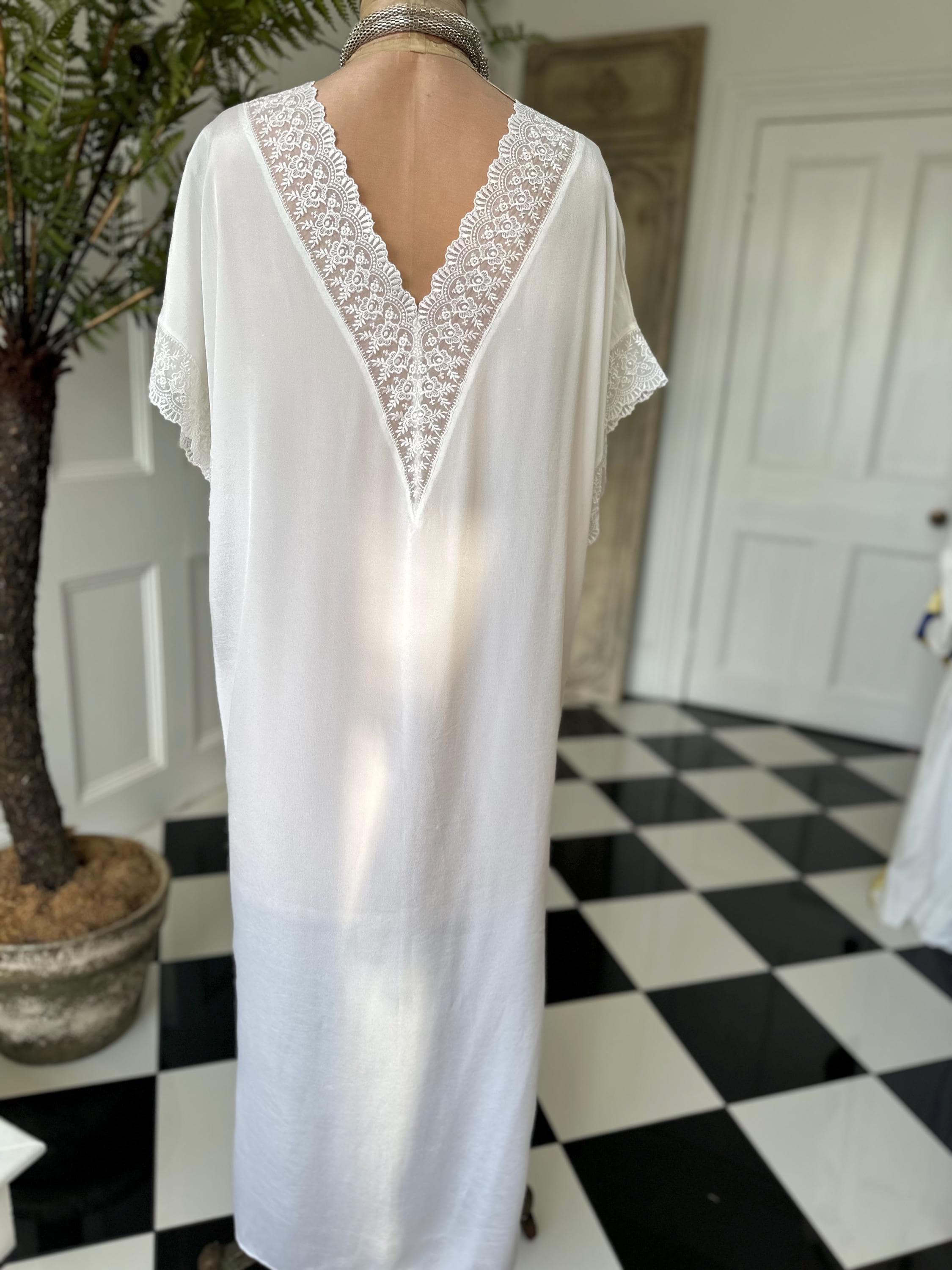 1970s silky white dress with lace trimming