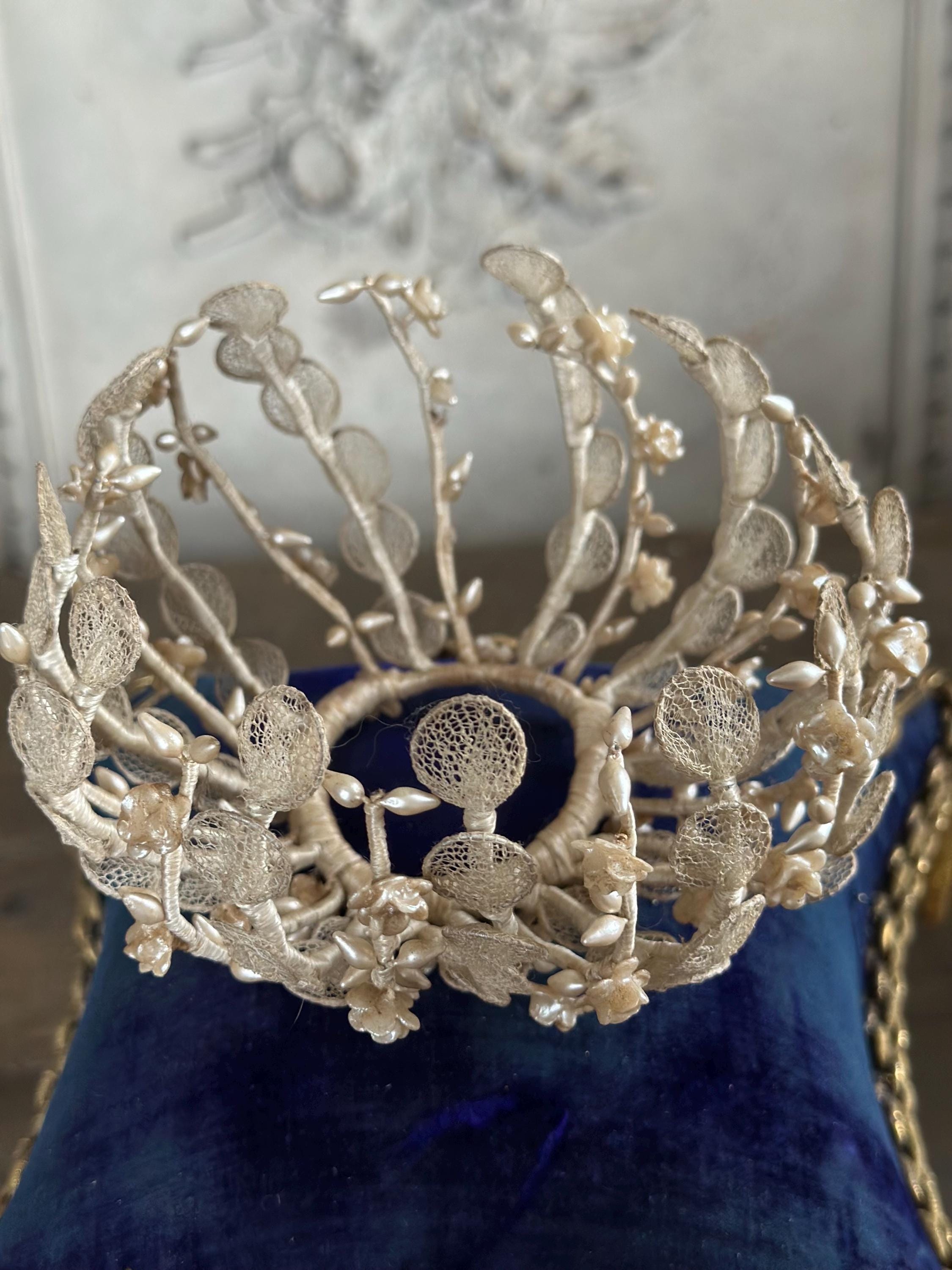 Victorian Edwardian Antique Wax Floral Tiara crown