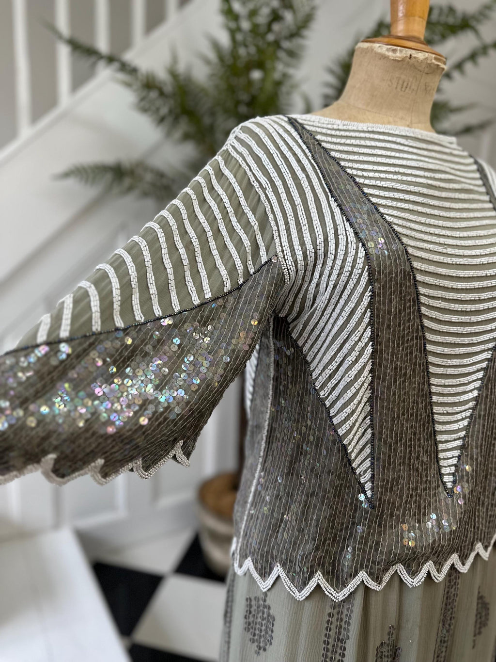 Vintage sage green and white sequin top and skirt