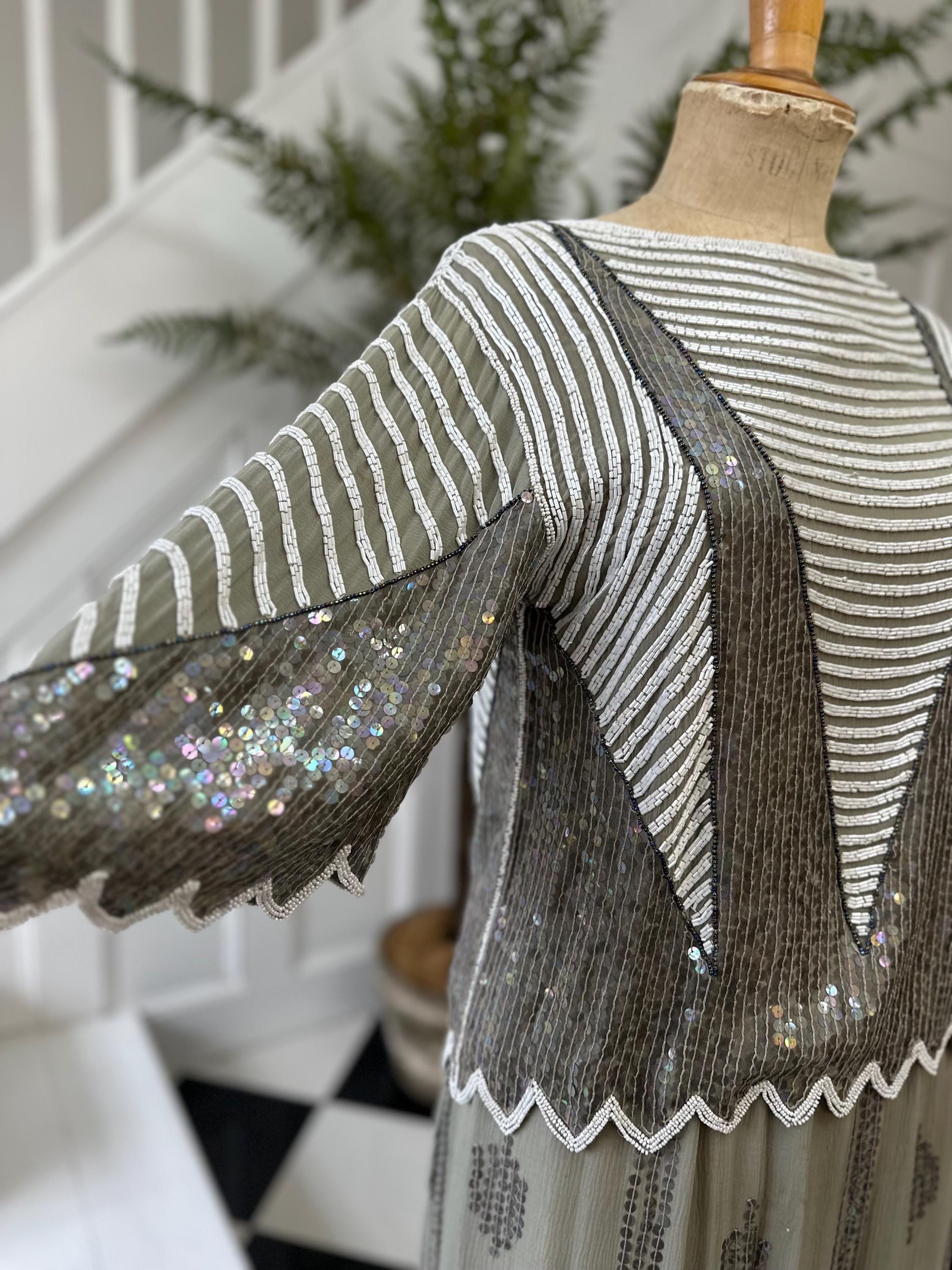 Vintage sage green and white sequin top and skirt