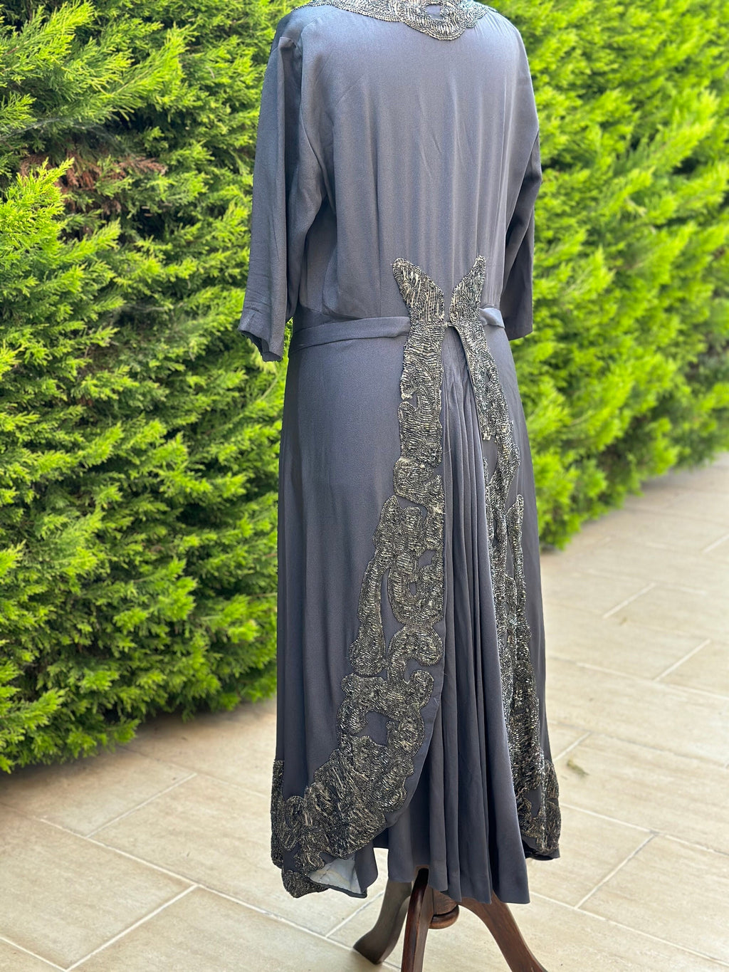 1940s Silk grey beaded cocktail dress party dress